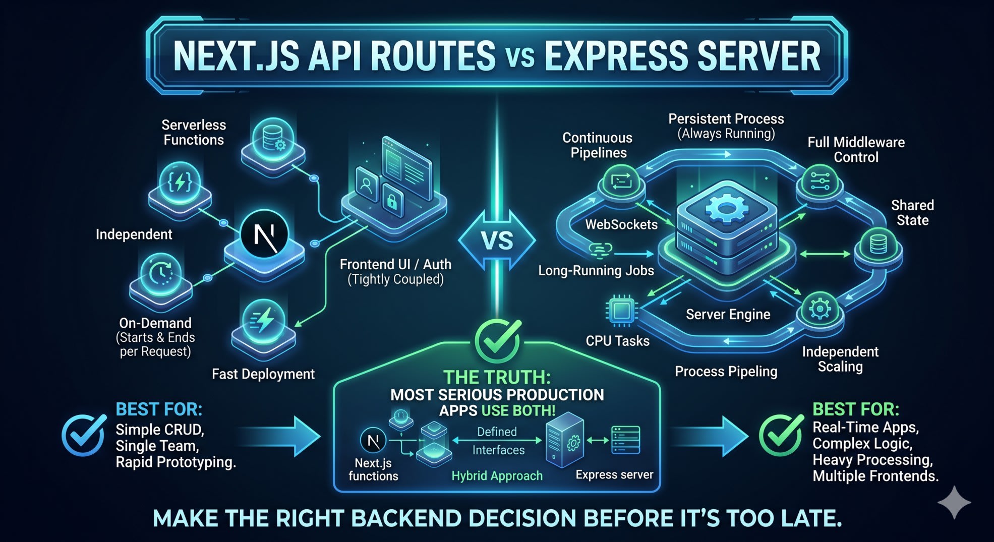 Diagram comparing serverless Next.js API route lifecycle versus persistent Express server process