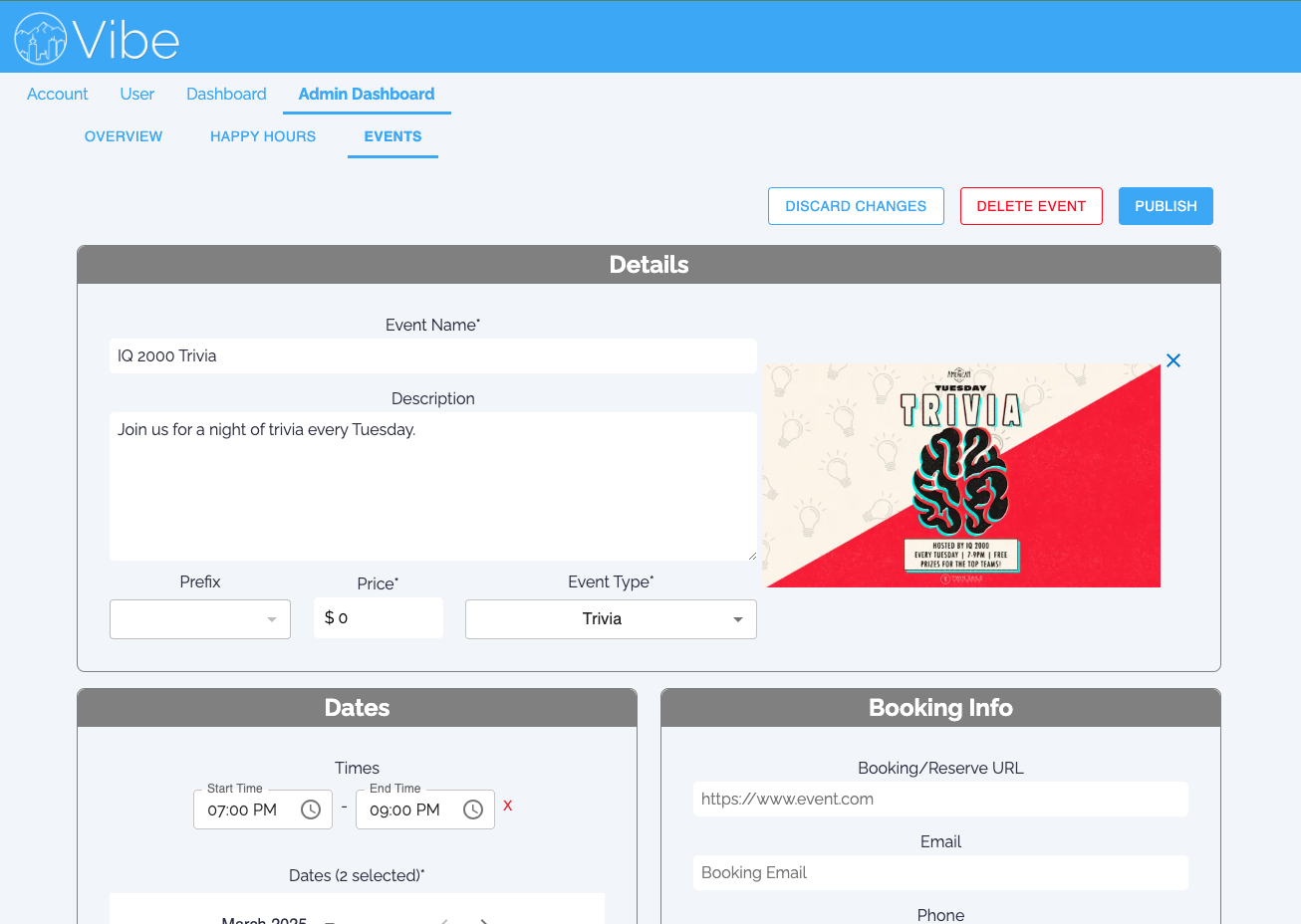 Preview of the Vibe web portal for managing happy hour listings.