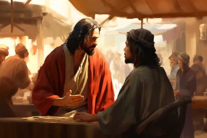 Jésus conseille le marchand chinois et d'autres personnes