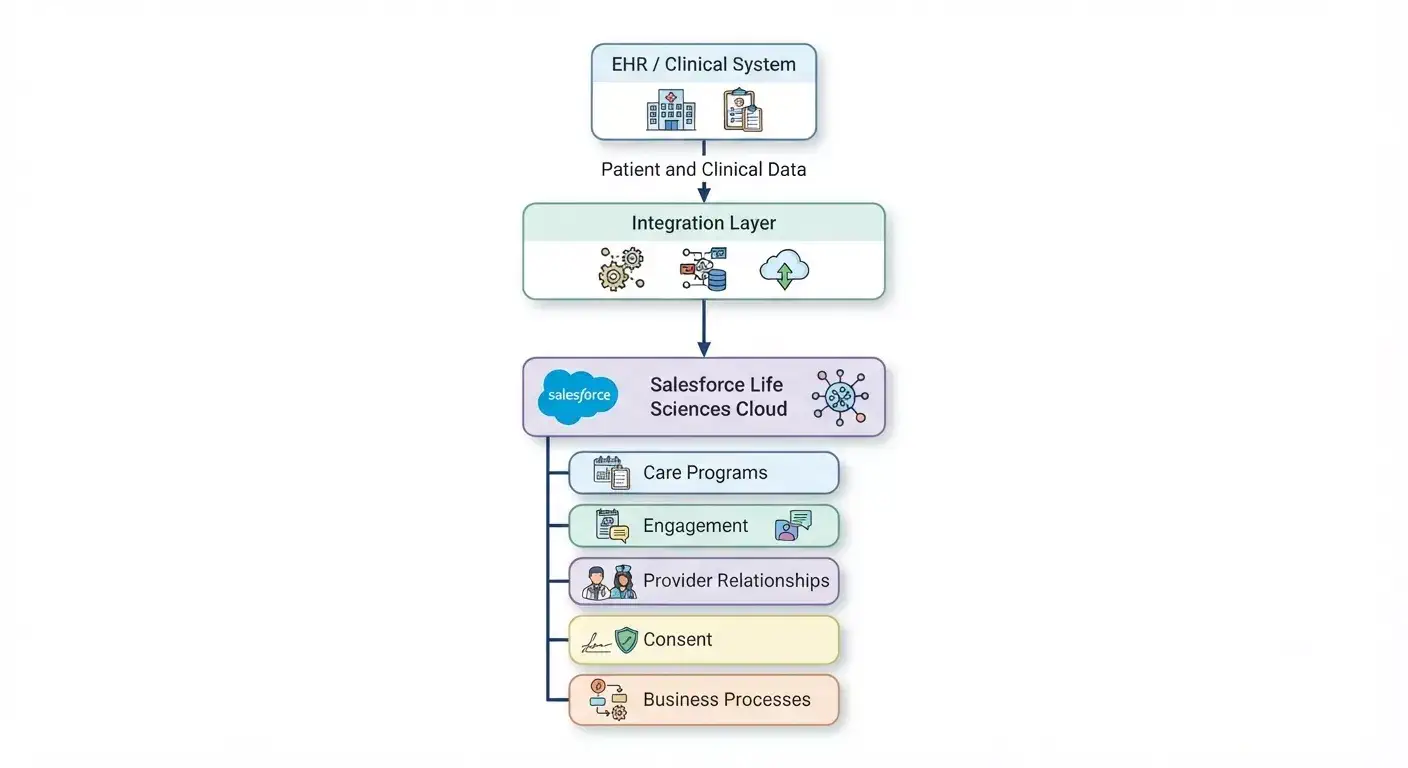 Salesforce Life Sciences Cloud data model architecture showing clinical, participant, care program, and commercial data models