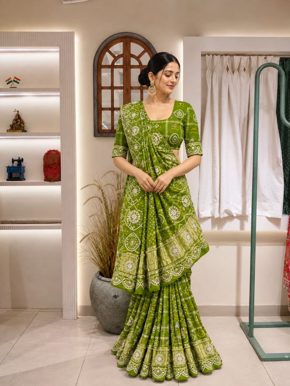 Green bandhani saree