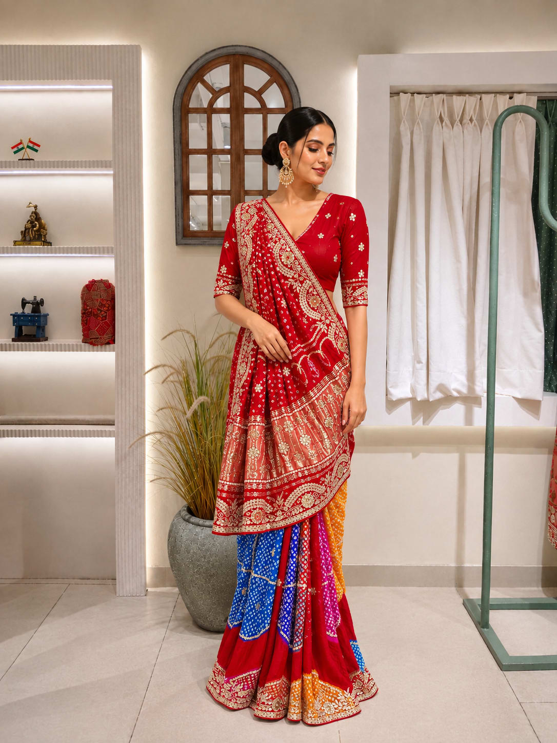 Red with Multicolour Bandhani saree