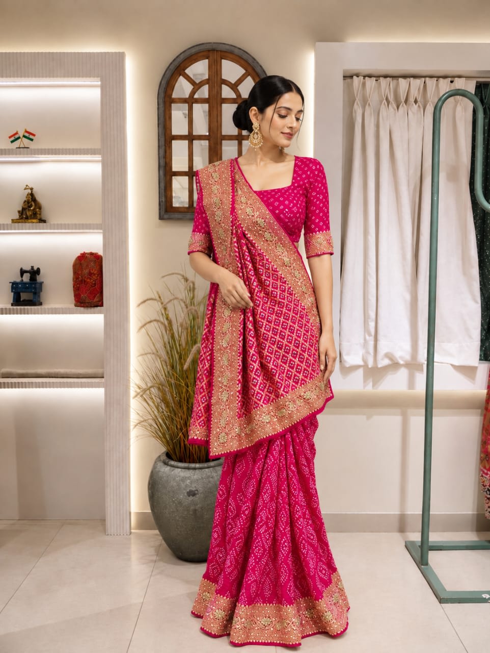 Pink bandhani saree