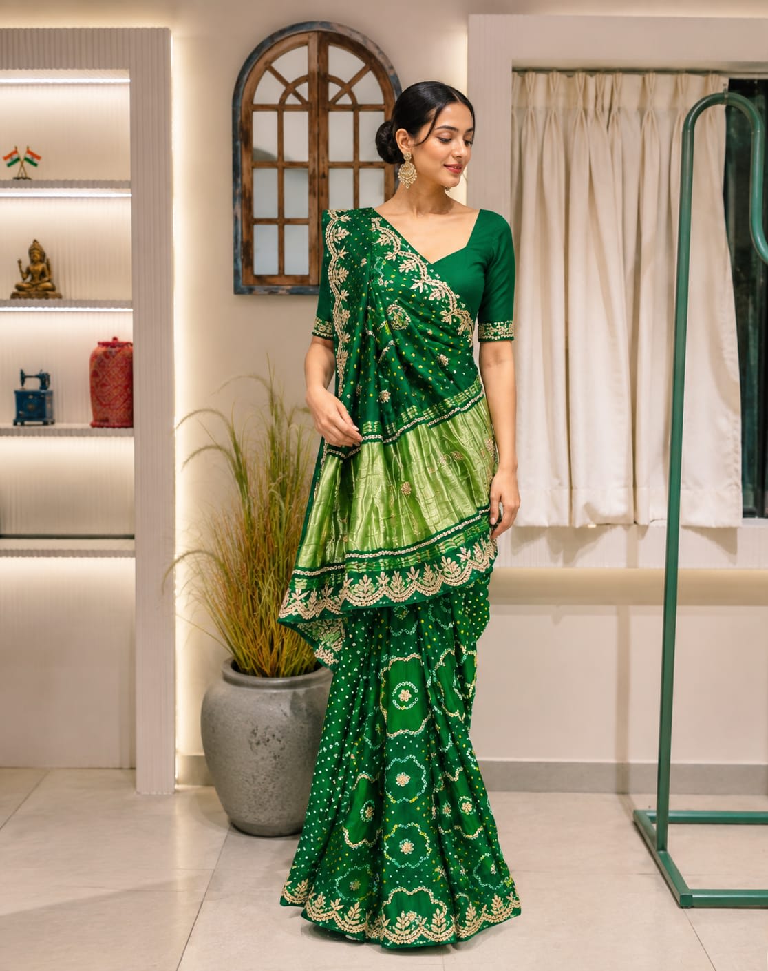 Green bandhani kaji silk saree