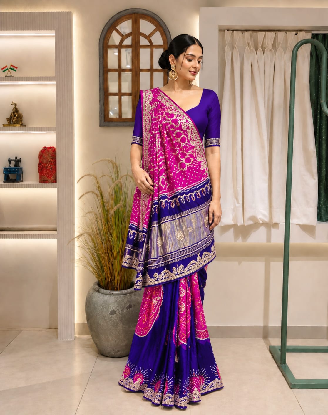 Magenta and purple bandhani saree