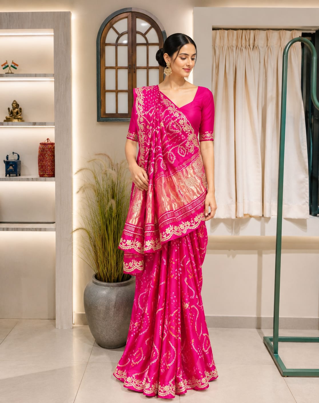 Pink bandhani kaji silk saree