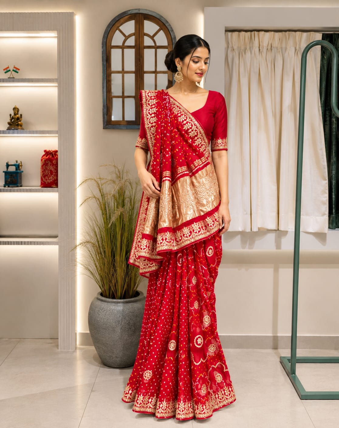 Red bandhani kaji silk saree