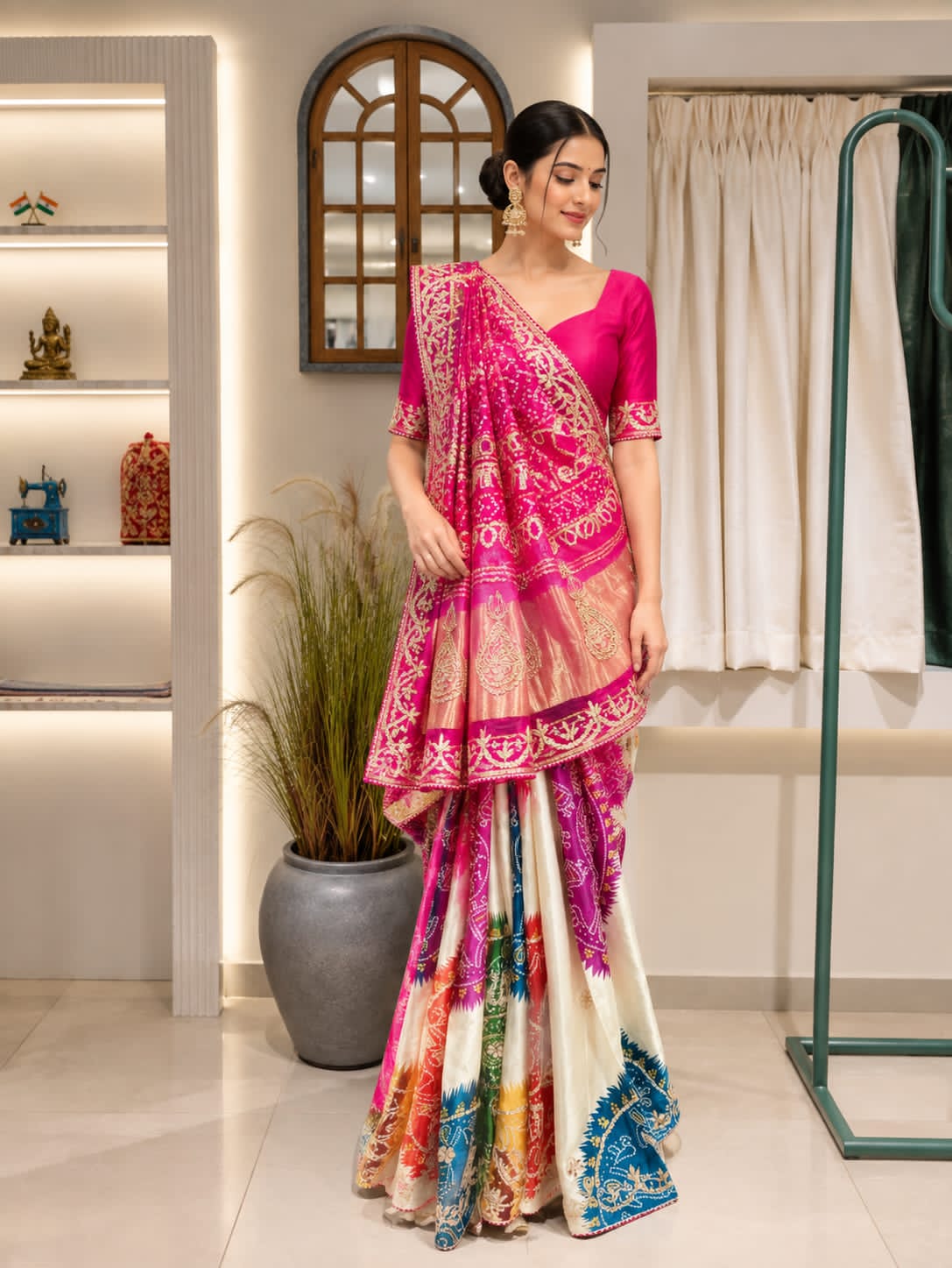 Pink and multicolour bandhani saree