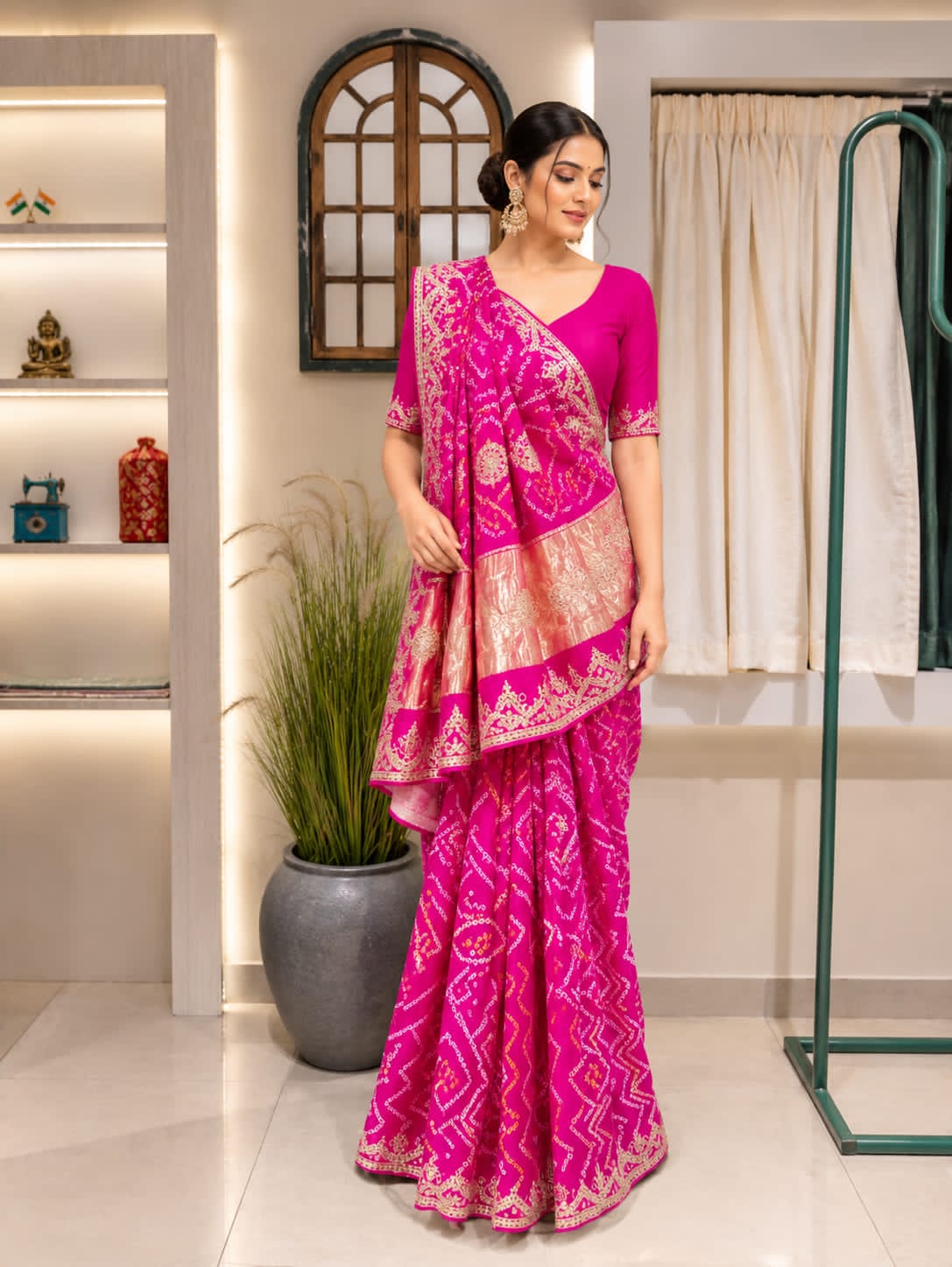 Pink bandhani kaji silk