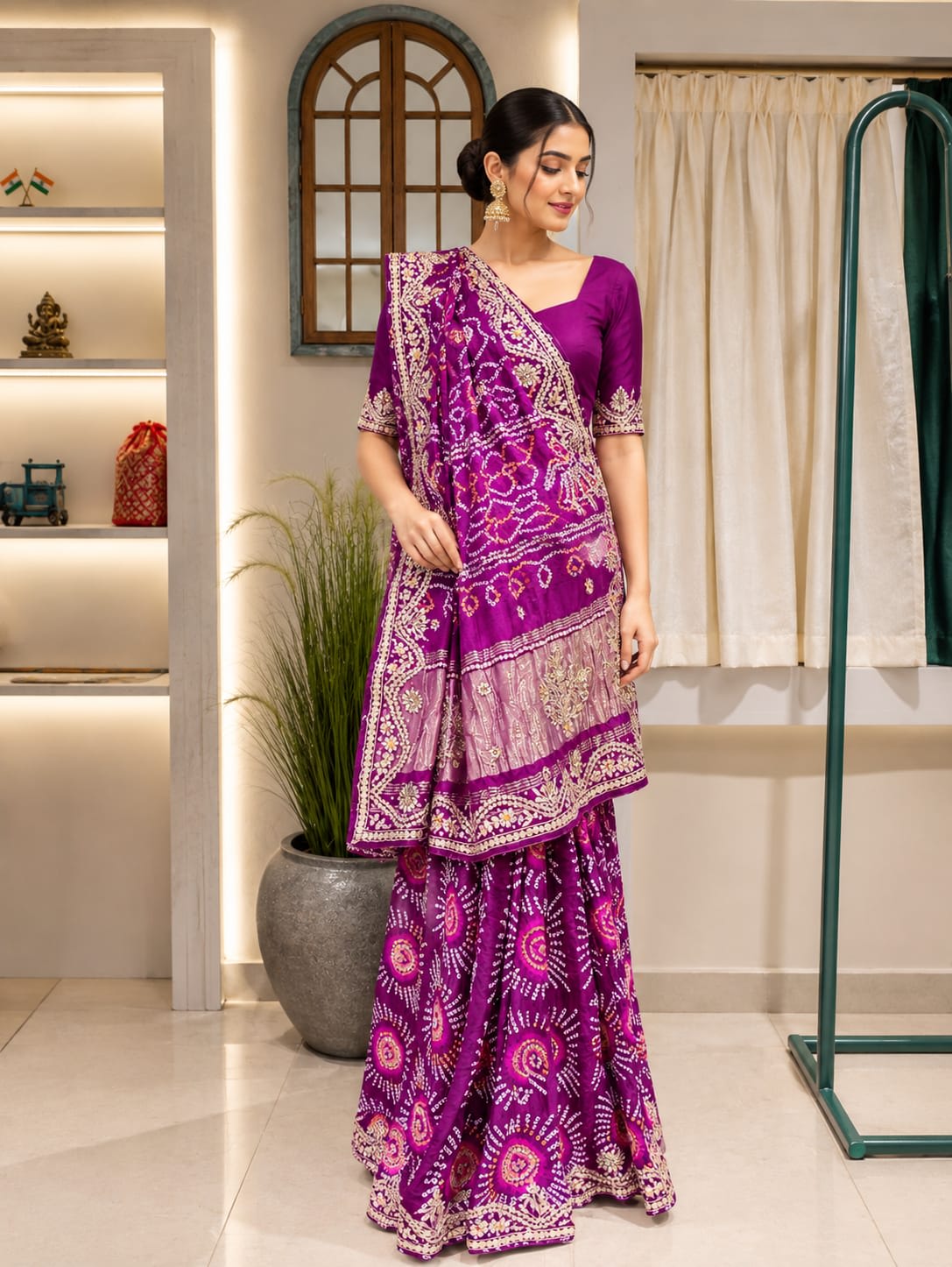 Purple bandhani kaji silk