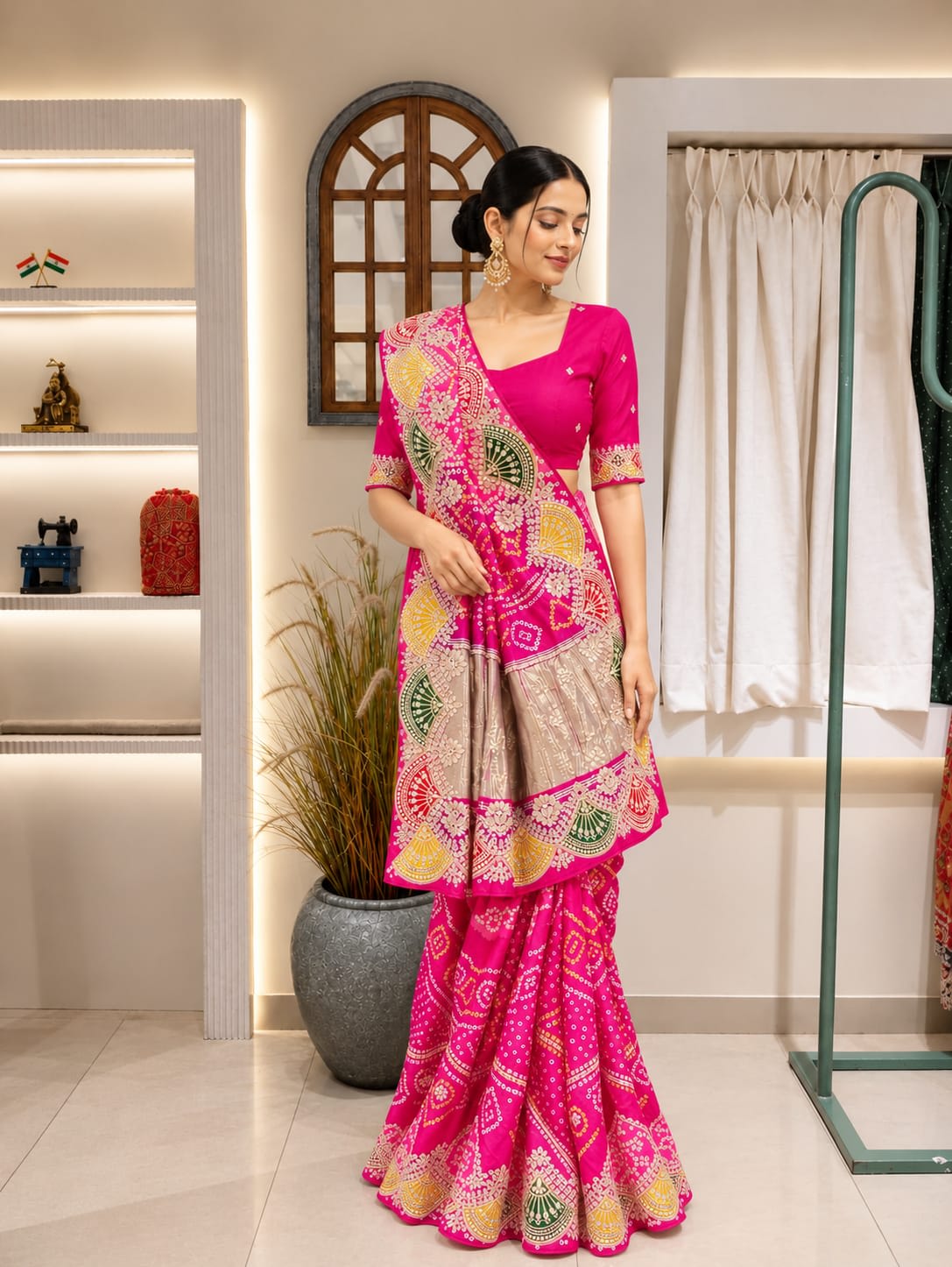 Pink bandhani kaji silk with multicolour border
