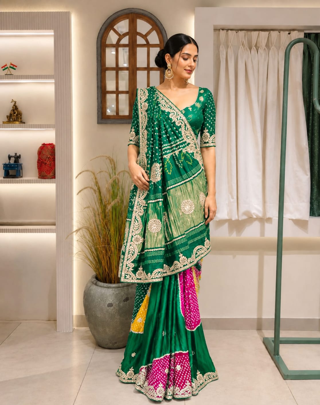 Dark green bandhani saree 