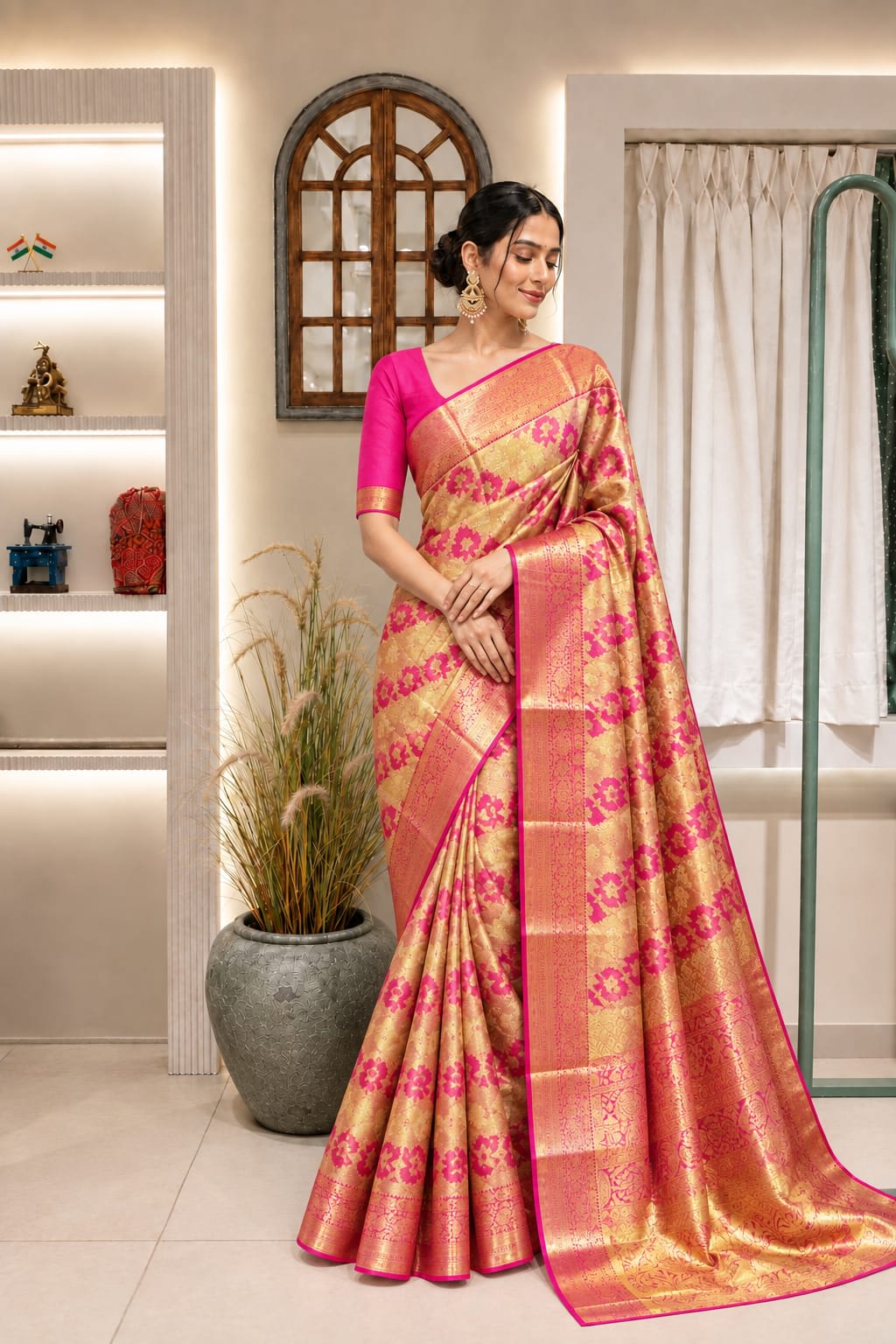 Pink and golden kanjivaram saree