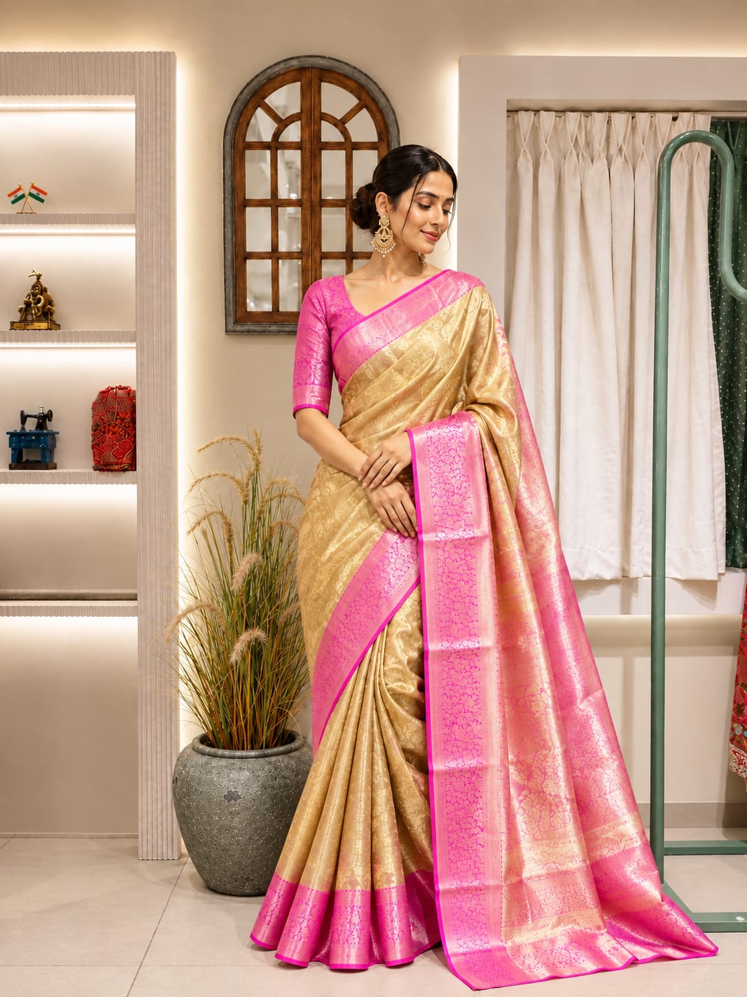 Rani Pink with antique  gold kanjivaram saree 