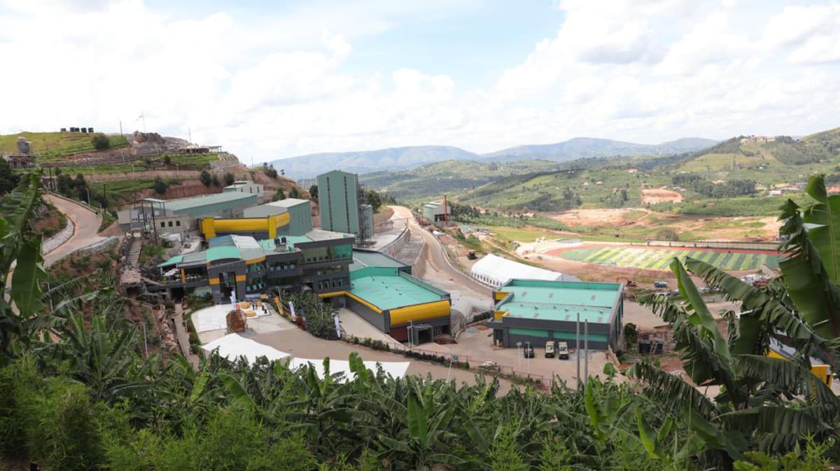 Aerial overview of Inspire Africa Coffee Park, Rwashameire, showing the full estate, processing complex, and surrounding highland landscape