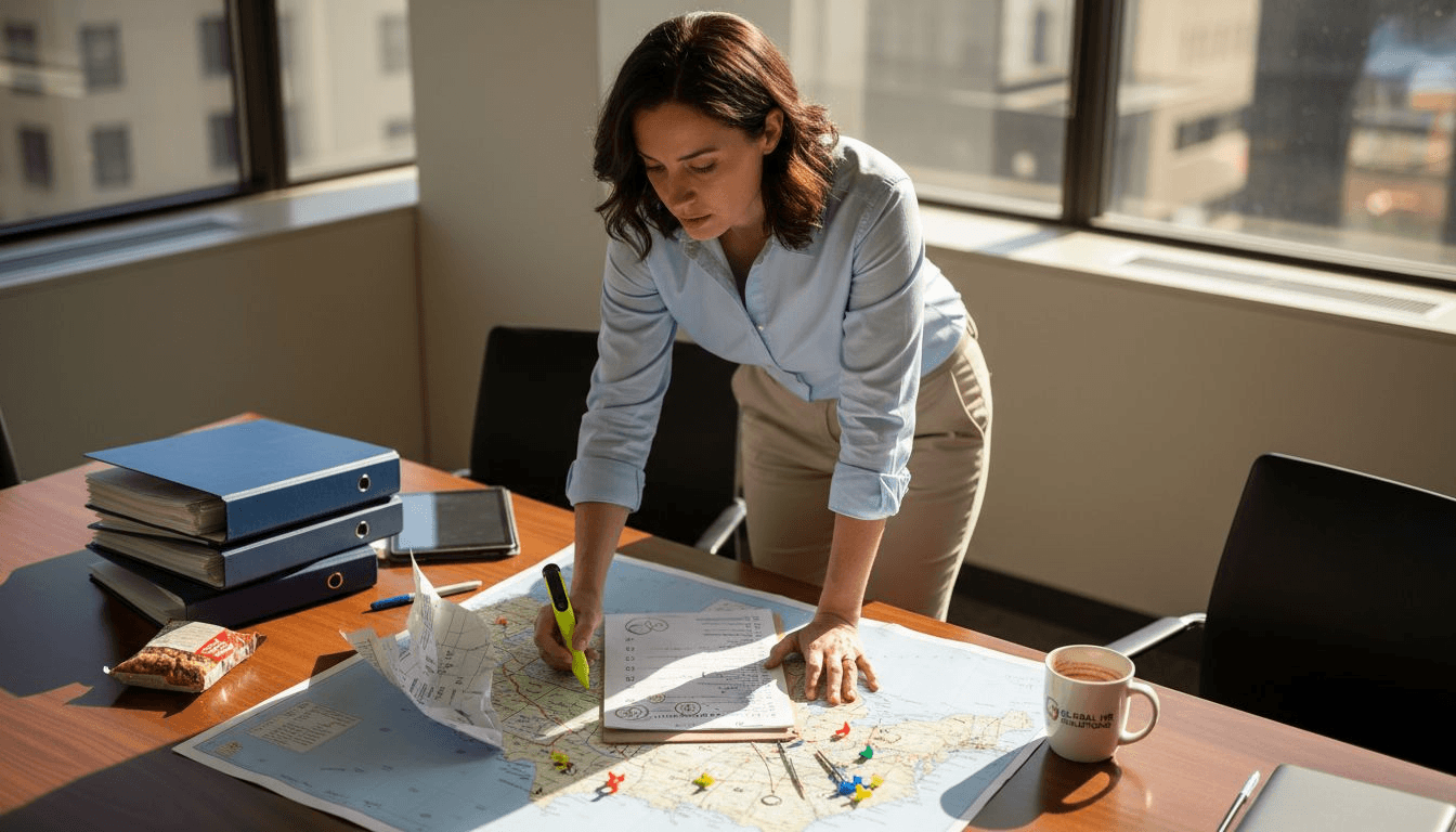 HR manager planning employee relocation on US map