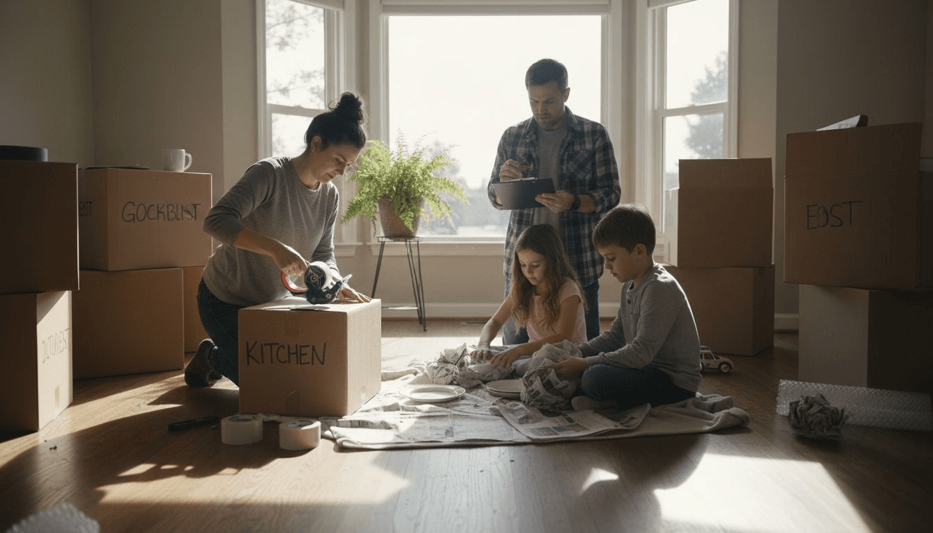 Family preparing to move boxes at home
