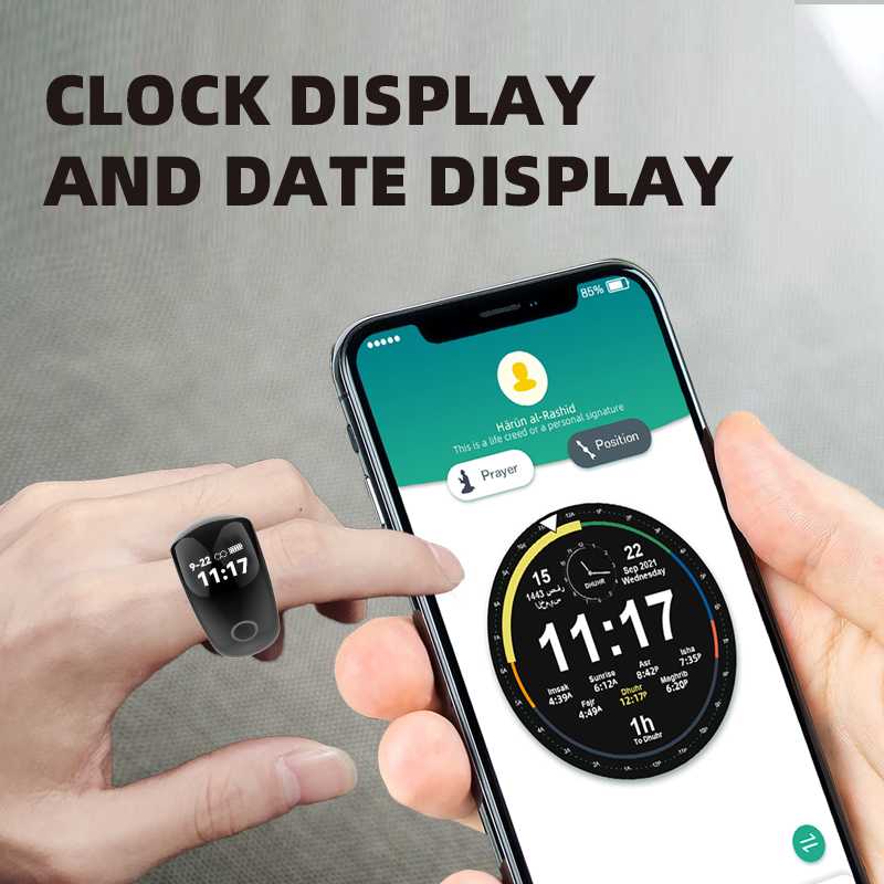 ZikrRing on a hand, showing the digital counter on the screen