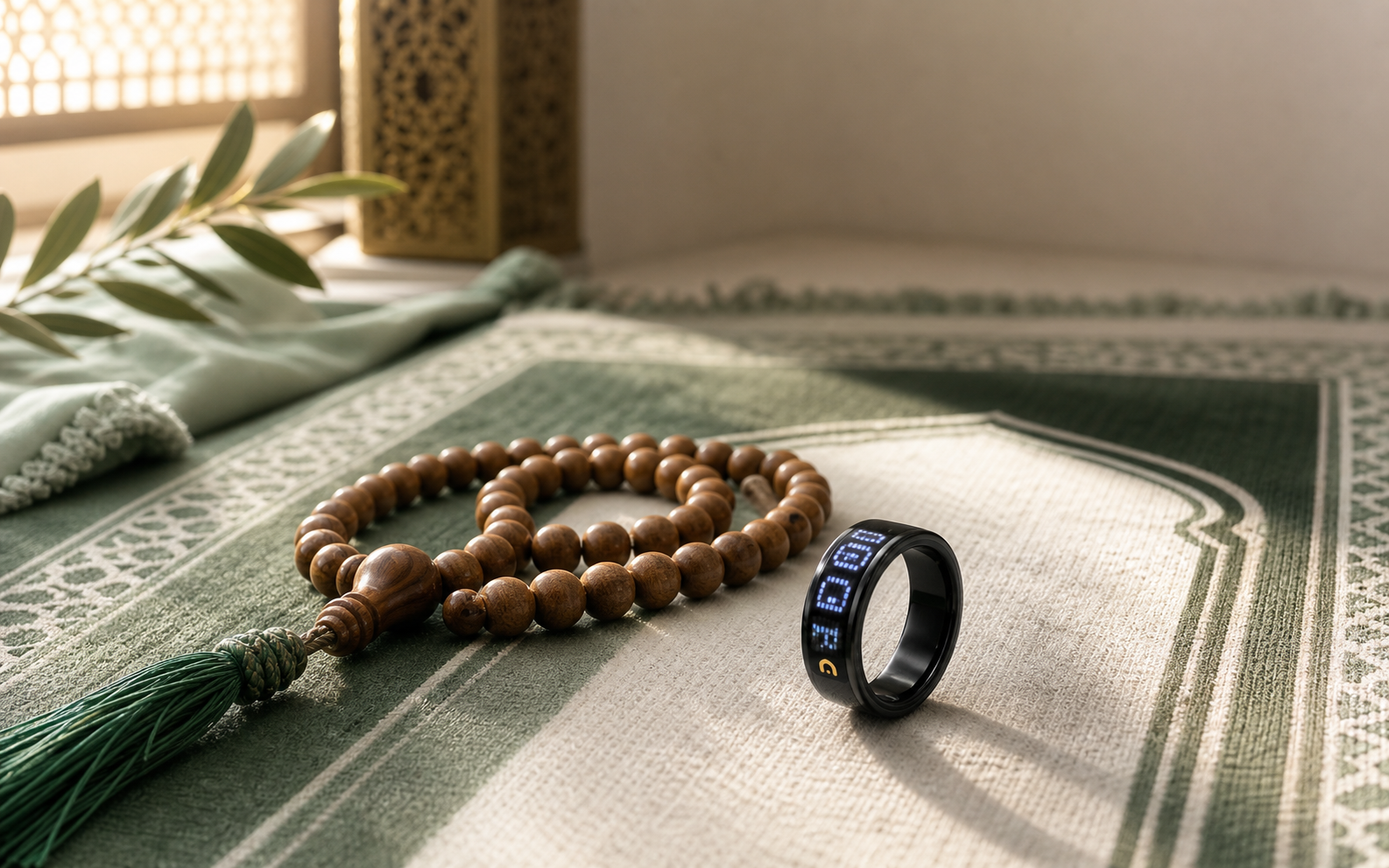 Traditional tasbeeh beads beside SQ666 smart zikr ring on a prayer mat