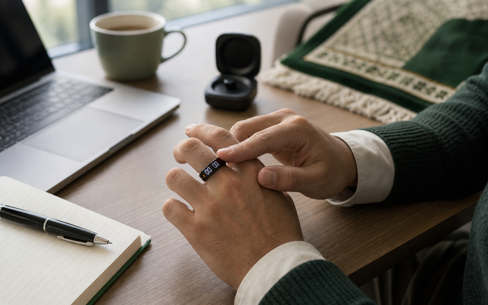 Busy Muslim professional using SQ666 during an office break