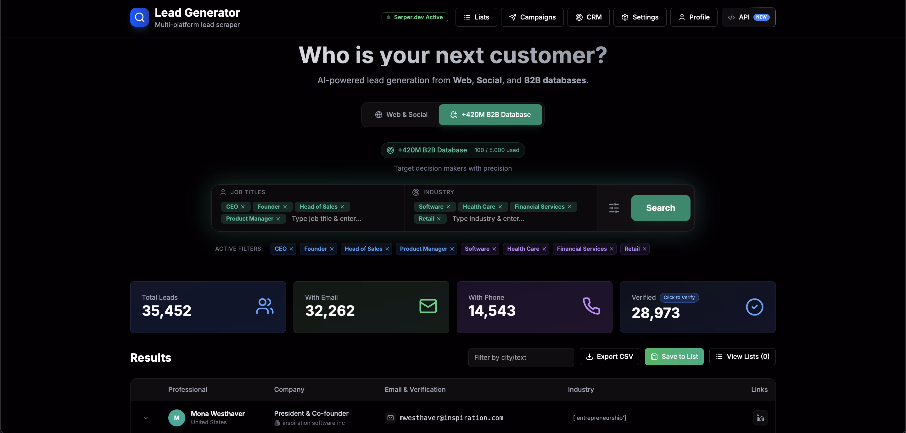 Getlead dashboard: B2B lead search, verification and cold email campaigns in one interface