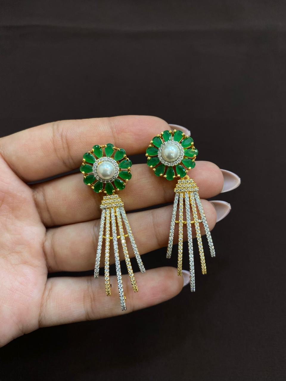 GREEN STONES WITH HANGING LINE EARRINGS