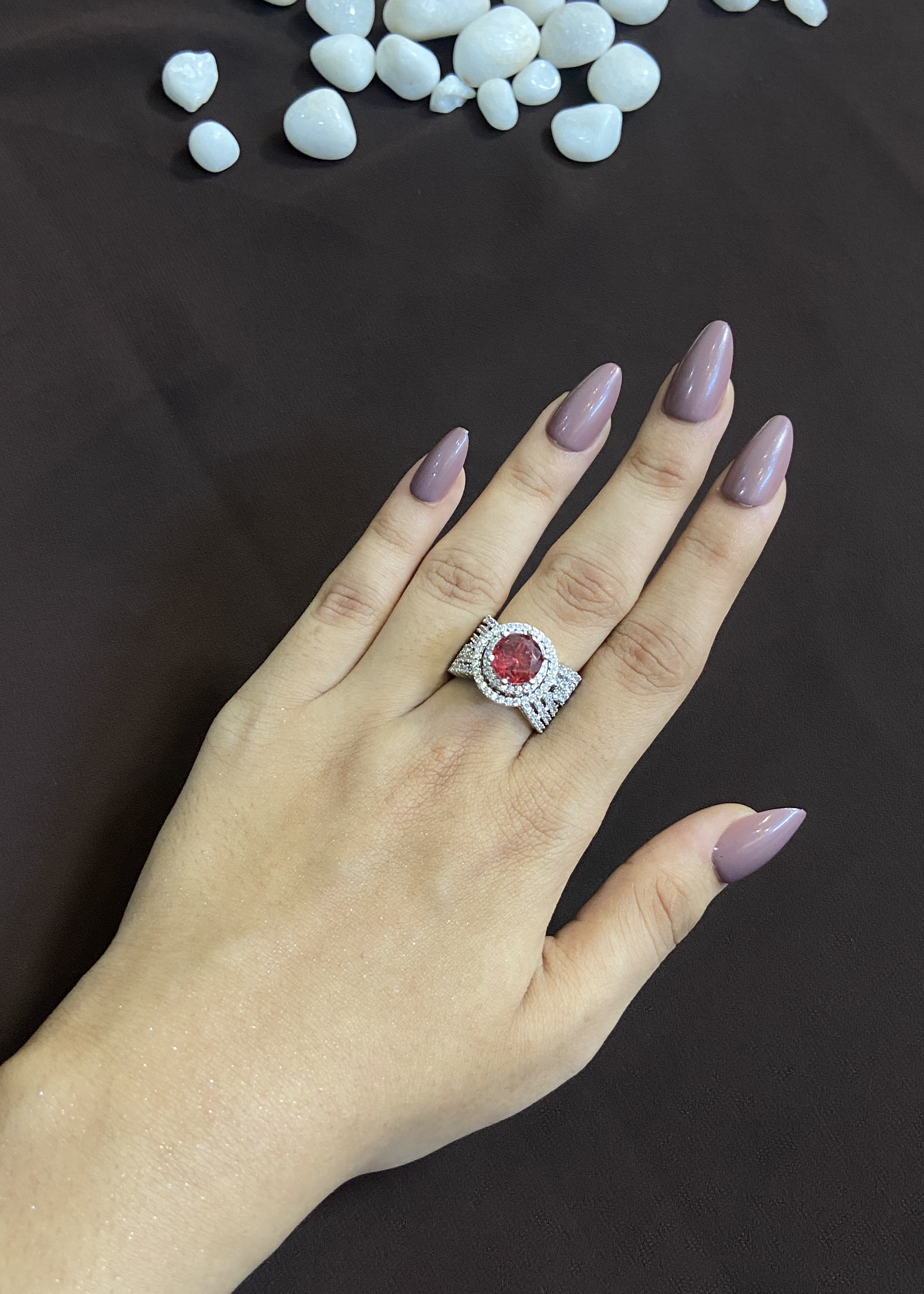 RED STONE RING WITH DIAMOND BAND LINES