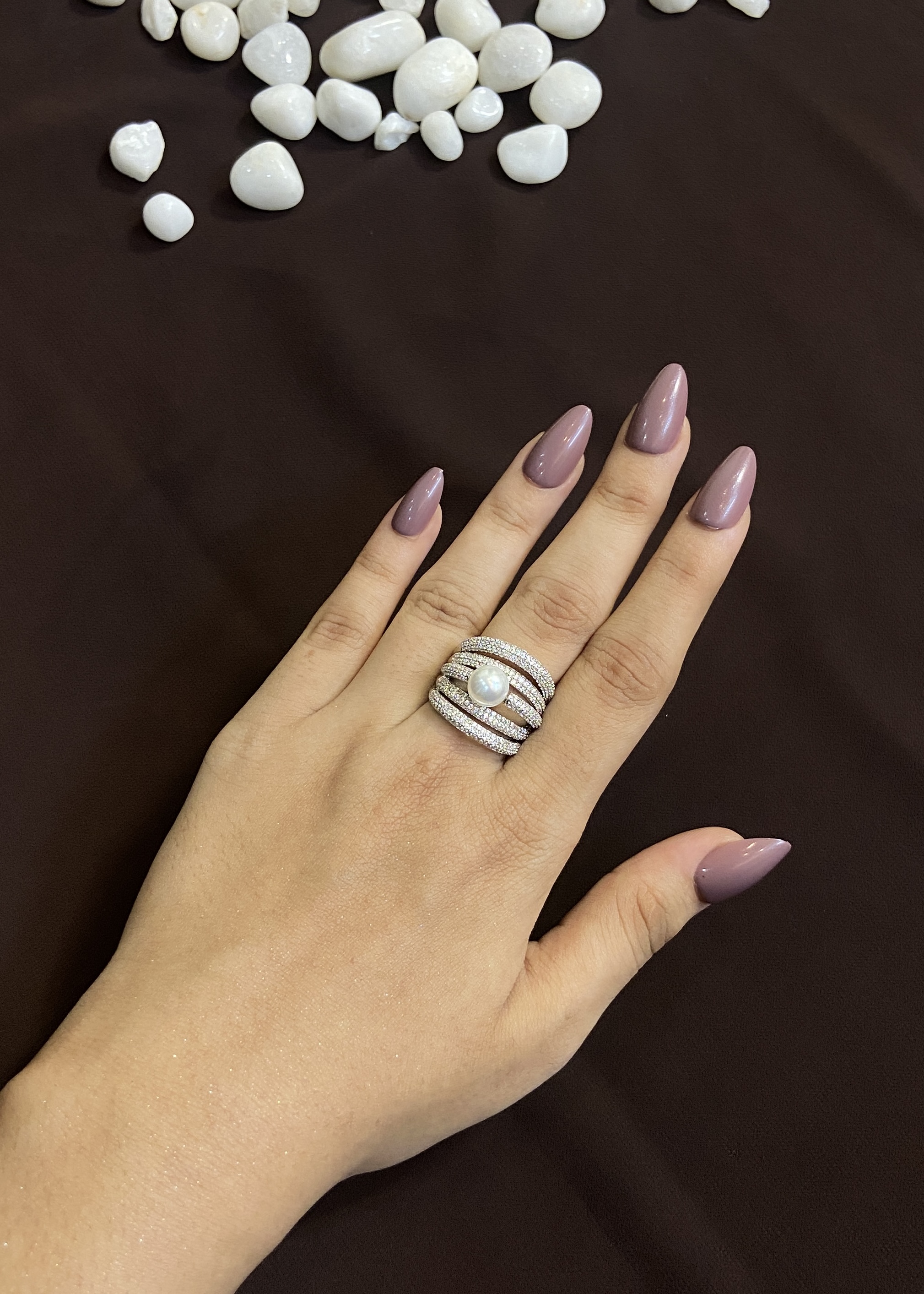 5 BAND DIAMOND RING WITH SINGLE PEARL