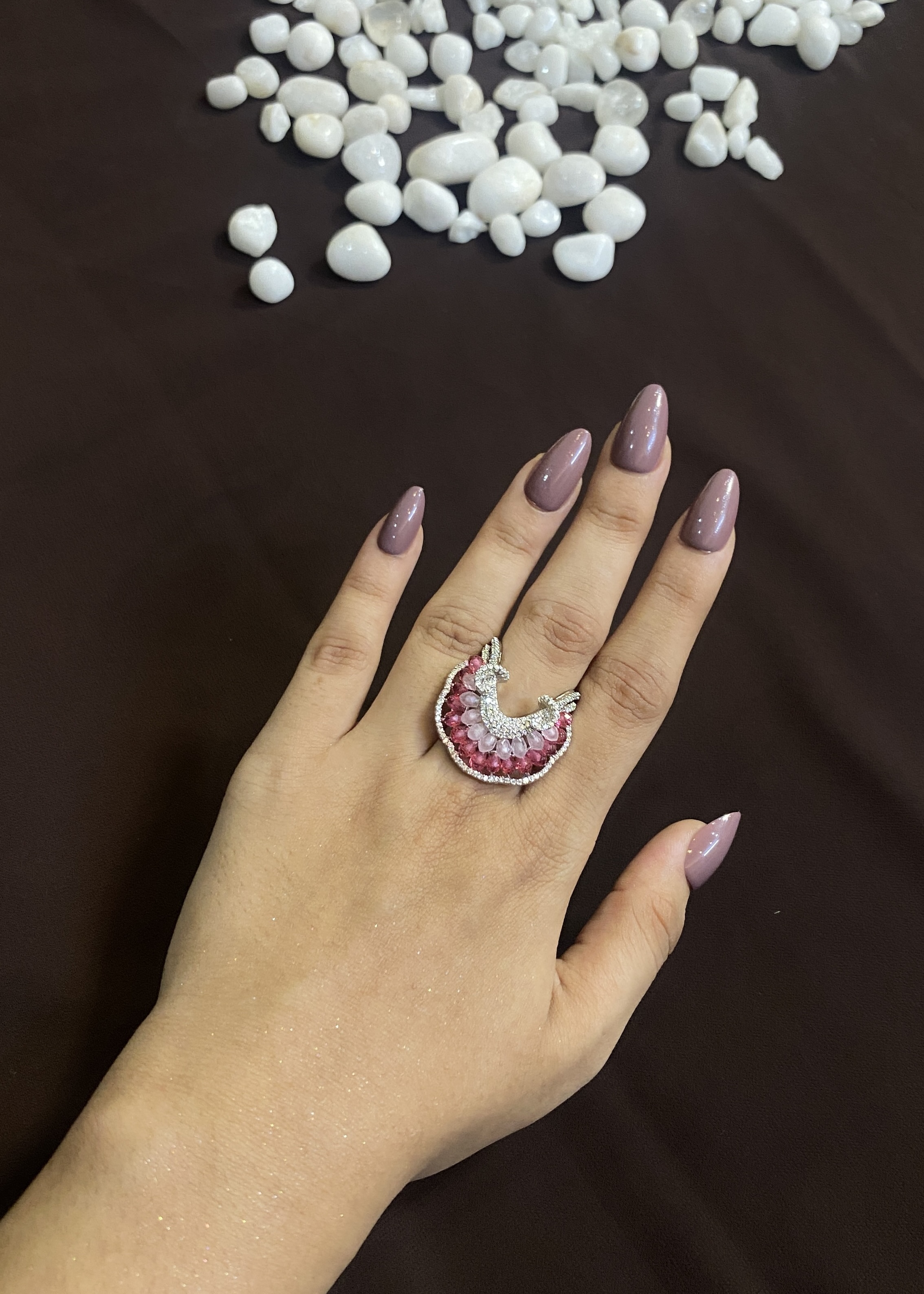 TWO SHADE PINK CRYSTAL RING WITH WHITE DIAMONDS