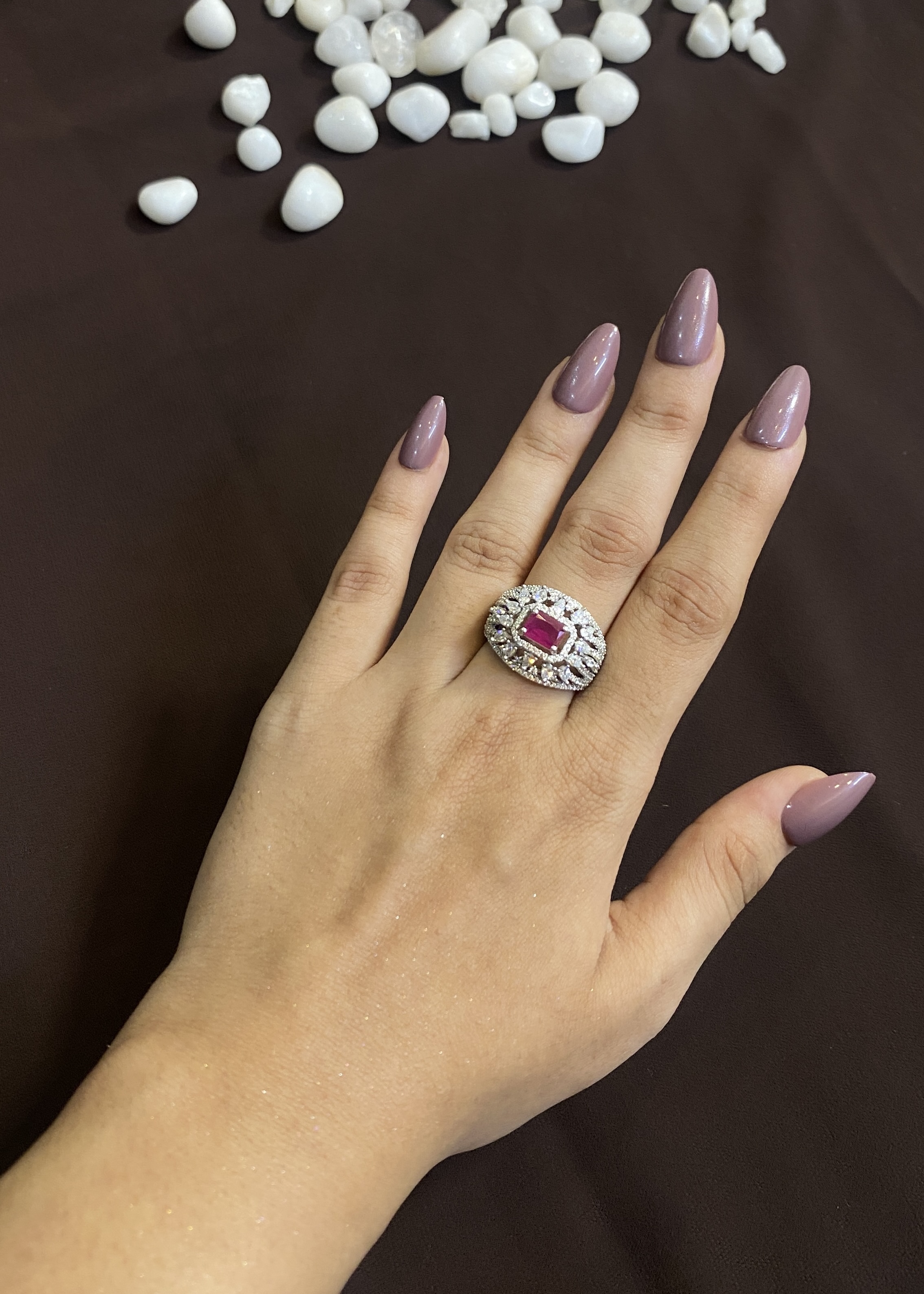 CENTRE RECTANGLE RUBY STONE WITH DIAMOND CLUSTERS RING