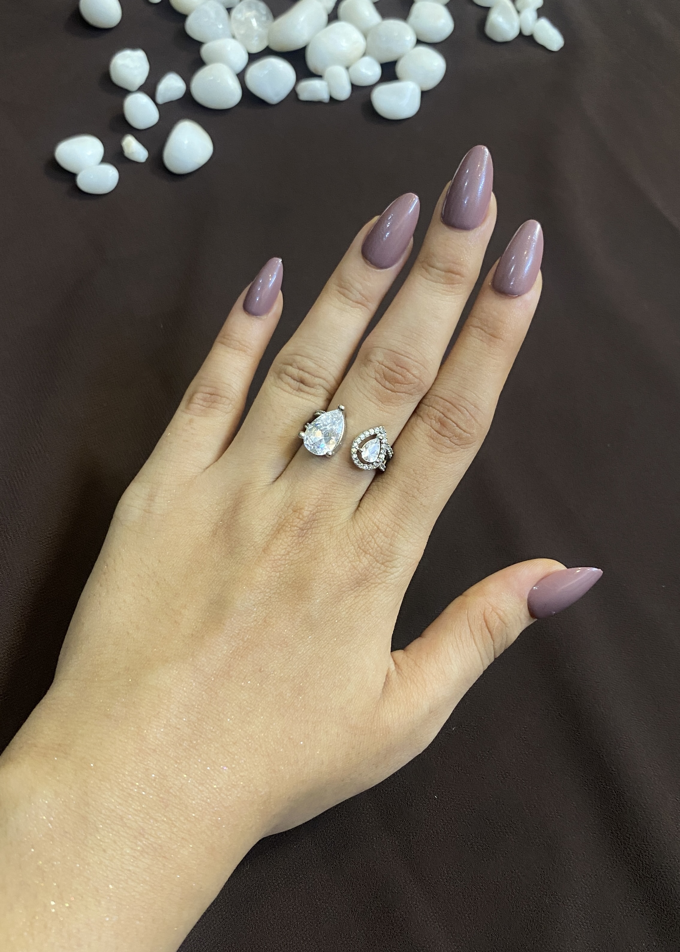 TWO PEAR SHAPE DIAMOND SILVER RING