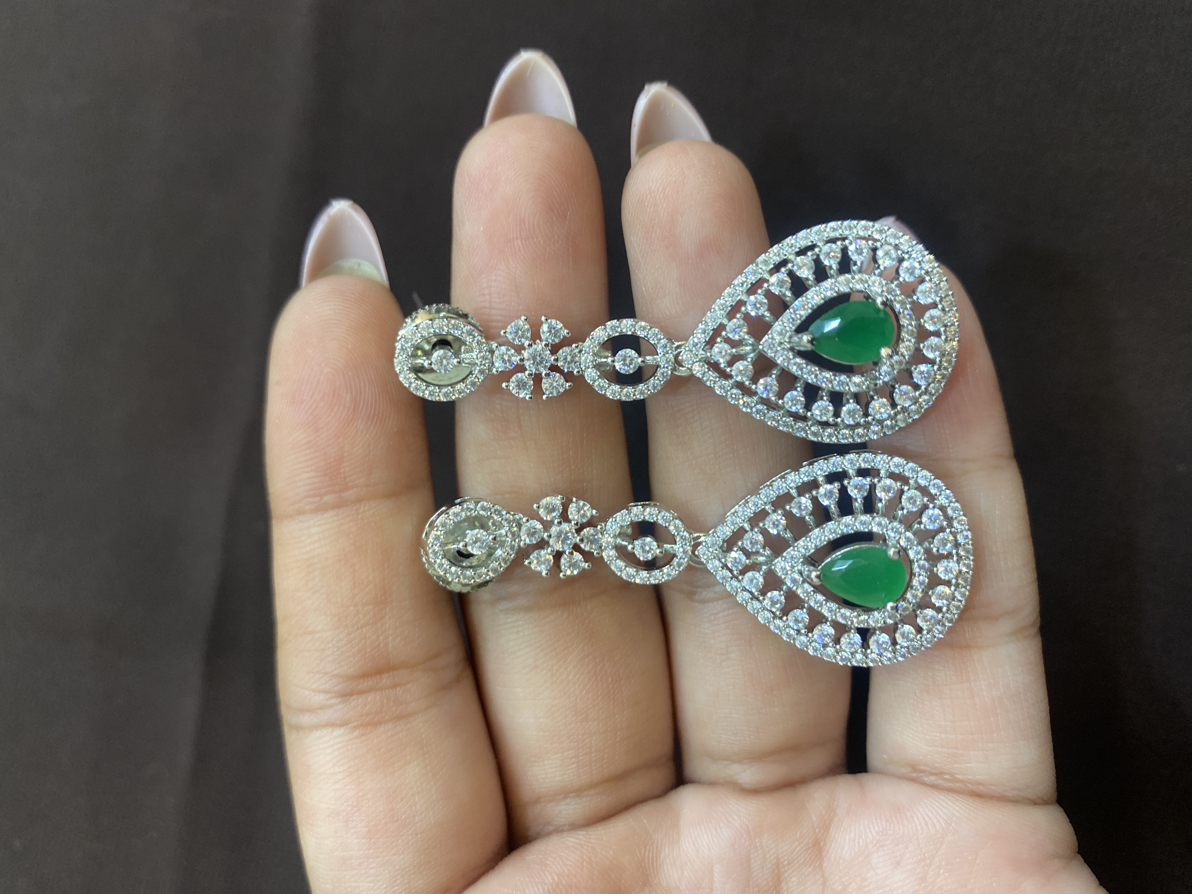 ELEGANT SILVER DIAMOND EARRINGS WITH GREEN STONE