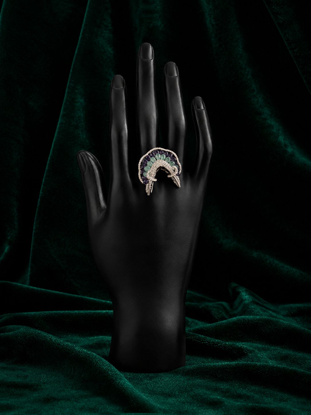 PURPLE & MINT STONE RING WITH SIDE DIAMONDS