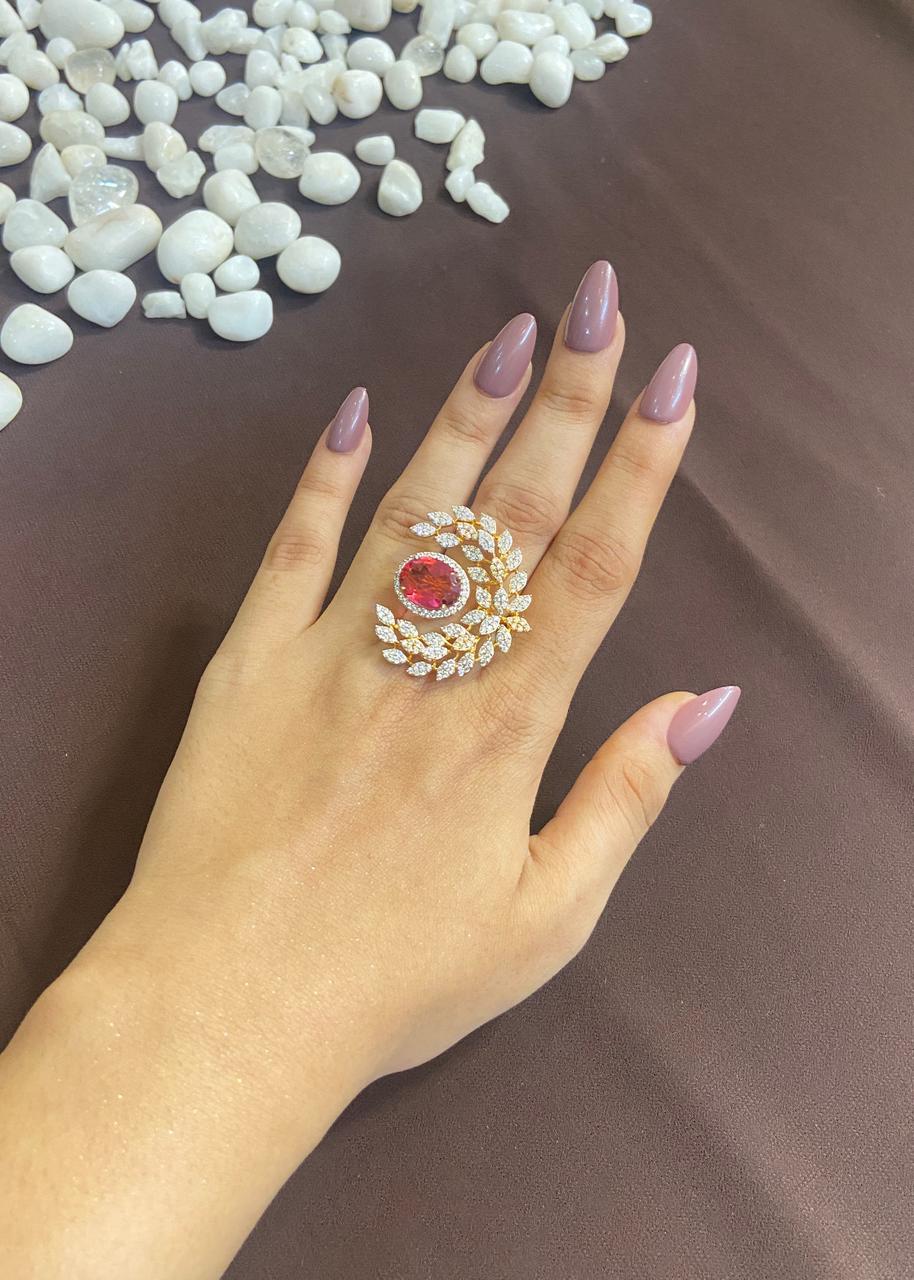 RED DIAMOND CENTRE WITH LEAF DESIGN RING