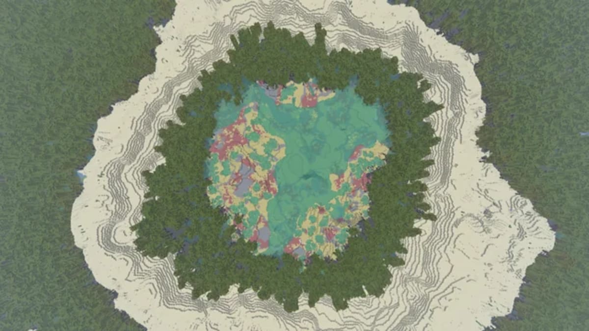 Minecraft Chaos Cubed Sulfur Caves biome underground with warm yellow sulfur blocks and red cinnabar deposits