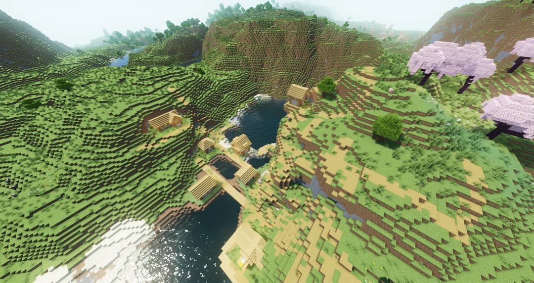 Minecraft hollow mountain seed showing massive cave opening revealing lush cave biome inside a towering mountain