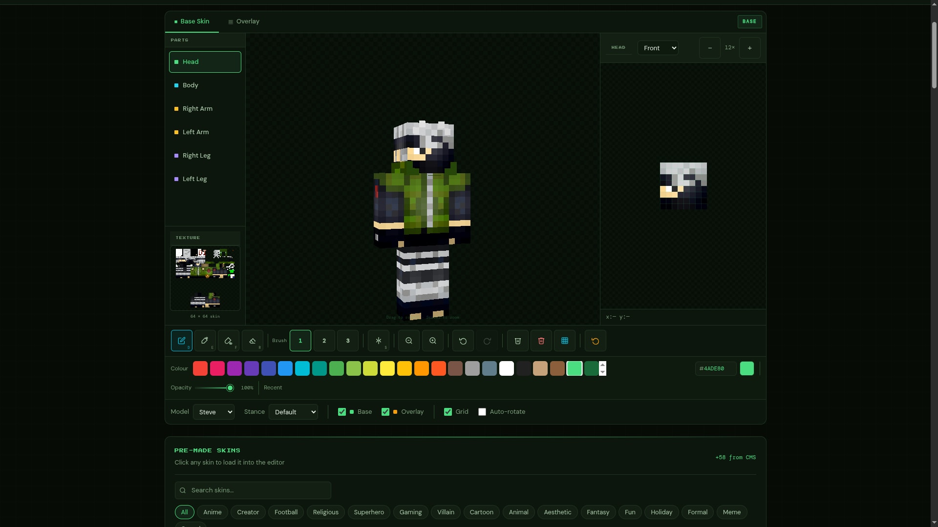 Custom Minecraft character skins on Steve and Alex models displayed in a browser-based 3D skin editor with vivid colour designs