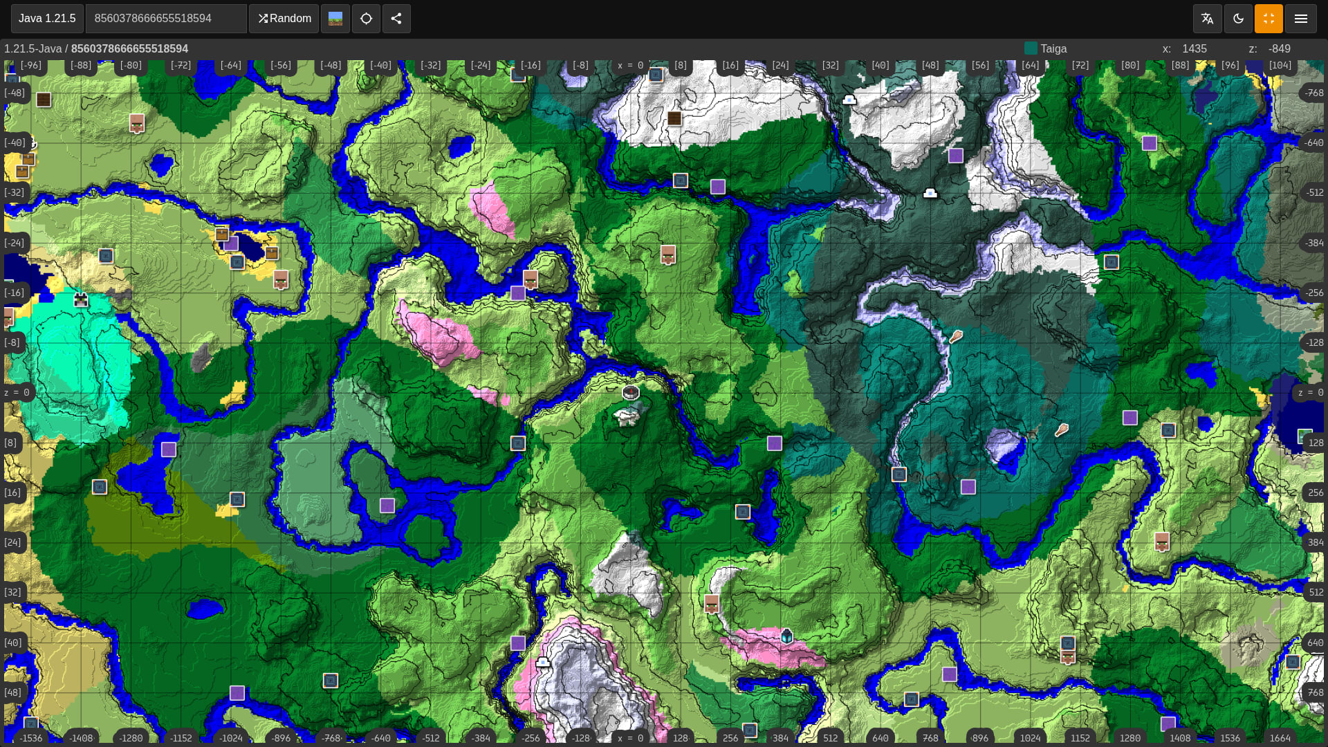 Bird's-eye Minecraft seed map showing colourful biomes, ocean borders, and structure marker pins