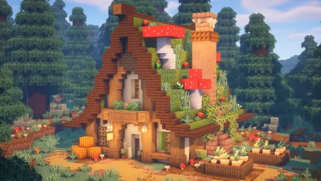 A detailed Minecraft survival base with layered stone walls, lantern lighting, and a custom wooden roof against a sunset sky