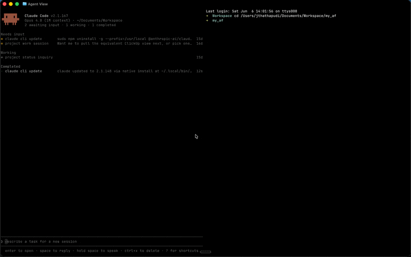 Starting a Claude Code background session and viewing it in Agent View
