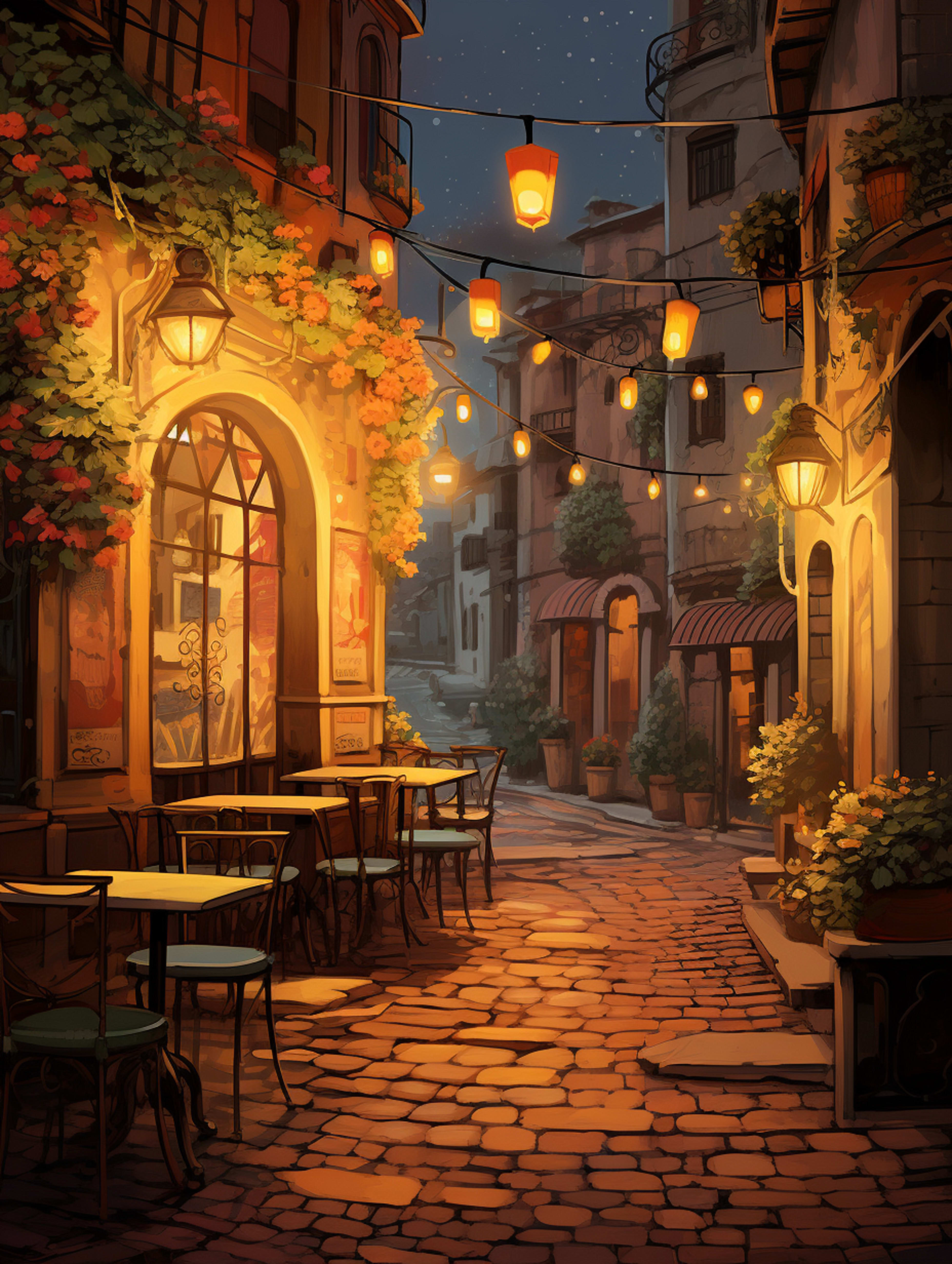 A street in italy, with street lights, at dawn, cozy warm feeling