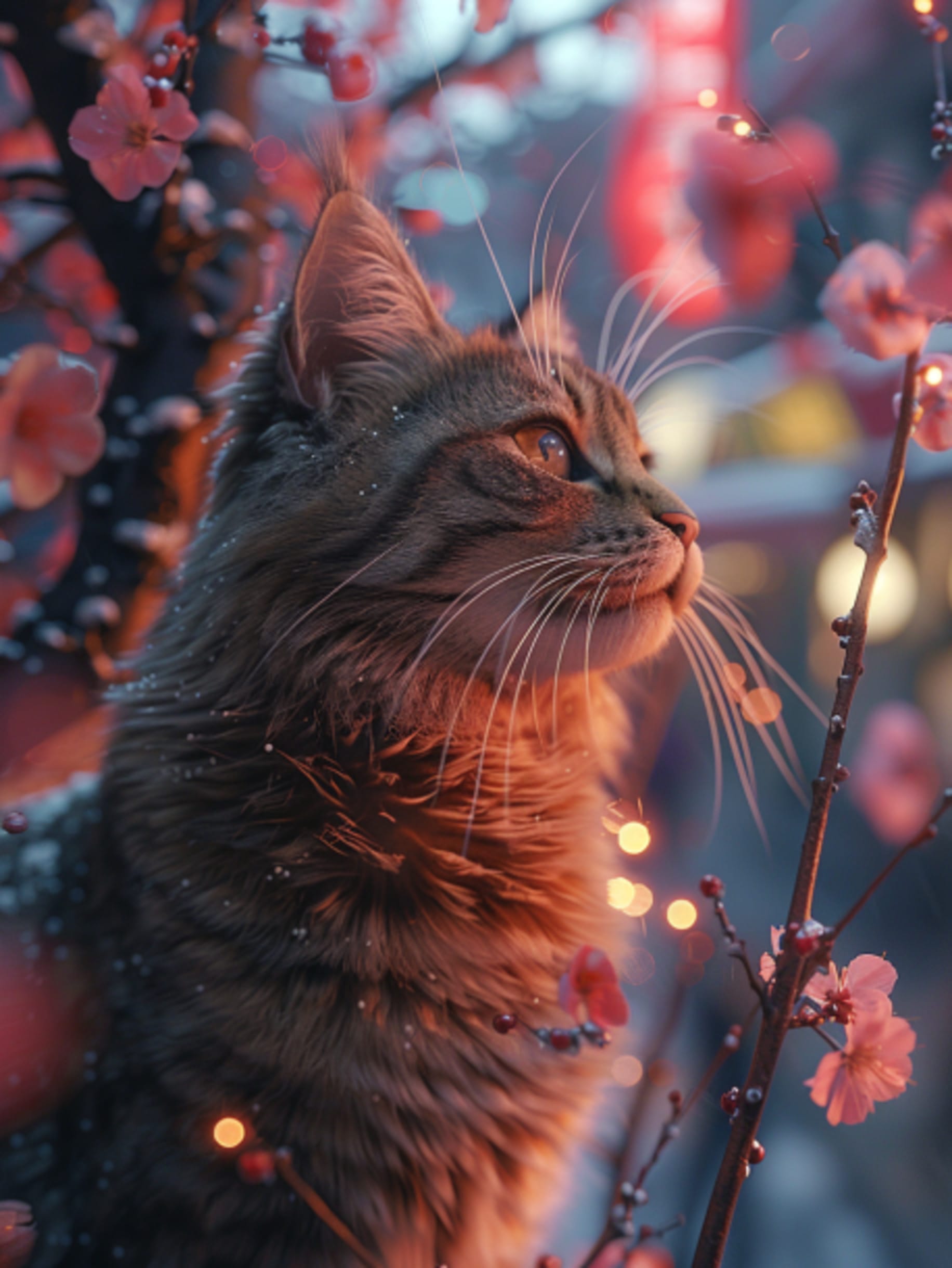 A cute cat in winter night starry