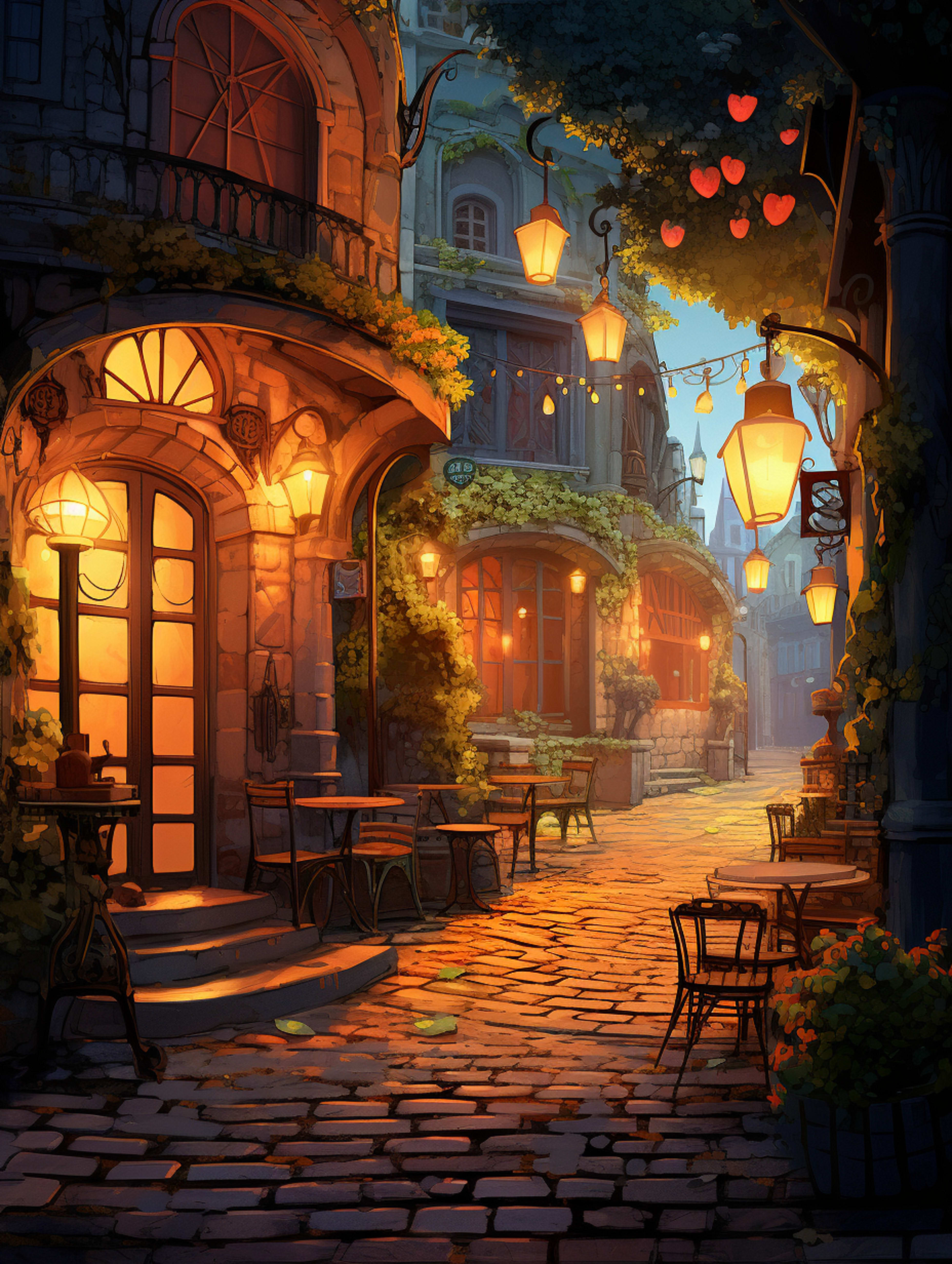 A street in italy, with street lights, at dawn, cozy warm feeling