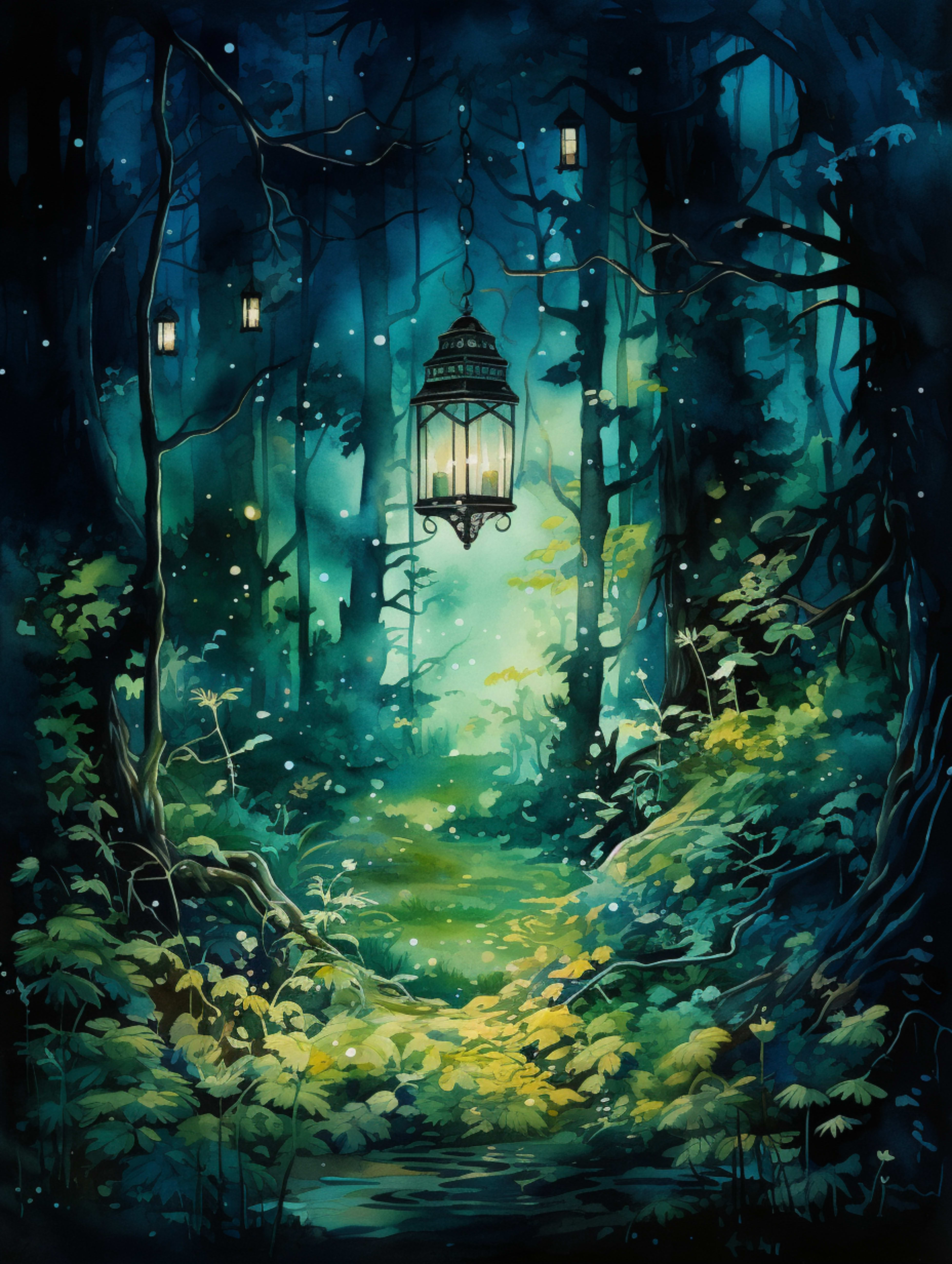 Watercolored dark forest with a lantern light source 