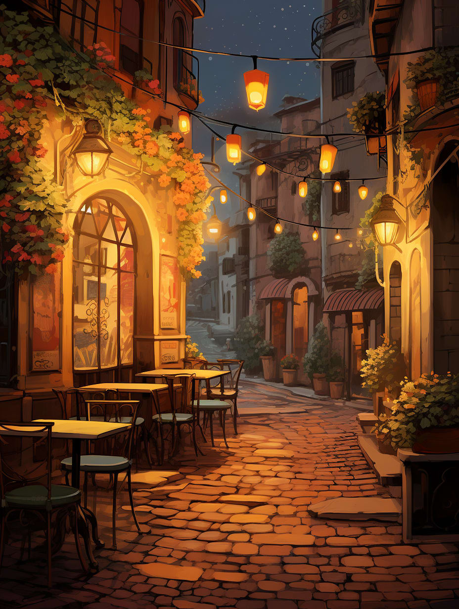 A street in italy, with street lights, at dawn, cozy warm feeling