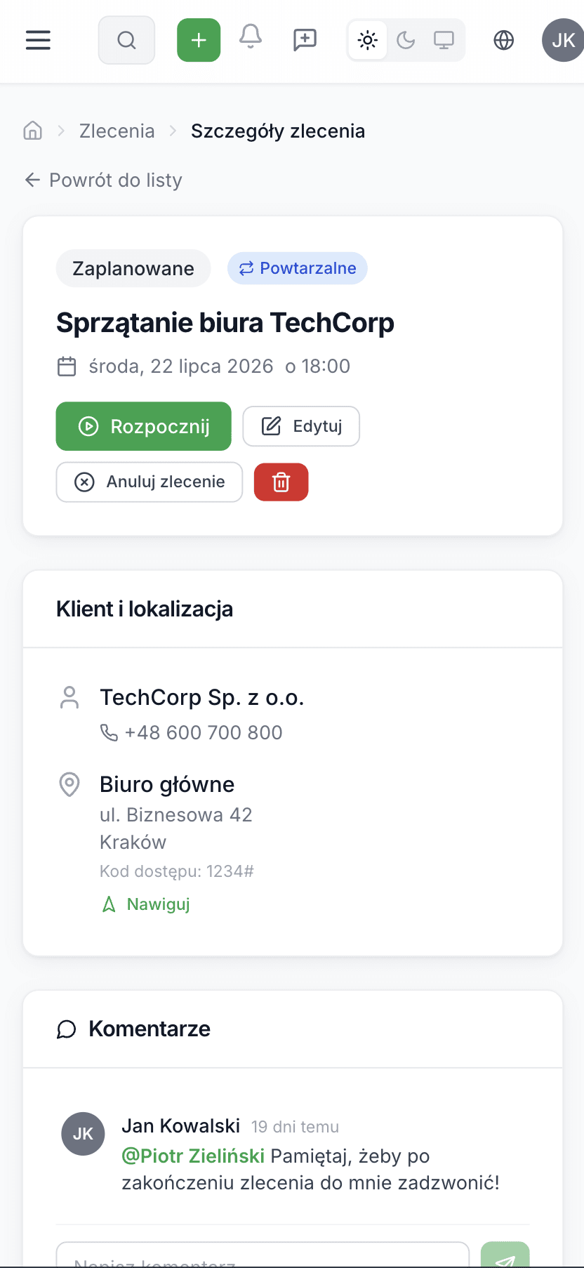 Aplikacja Mopka na telefonie: szczegóły zlecenia w terenie