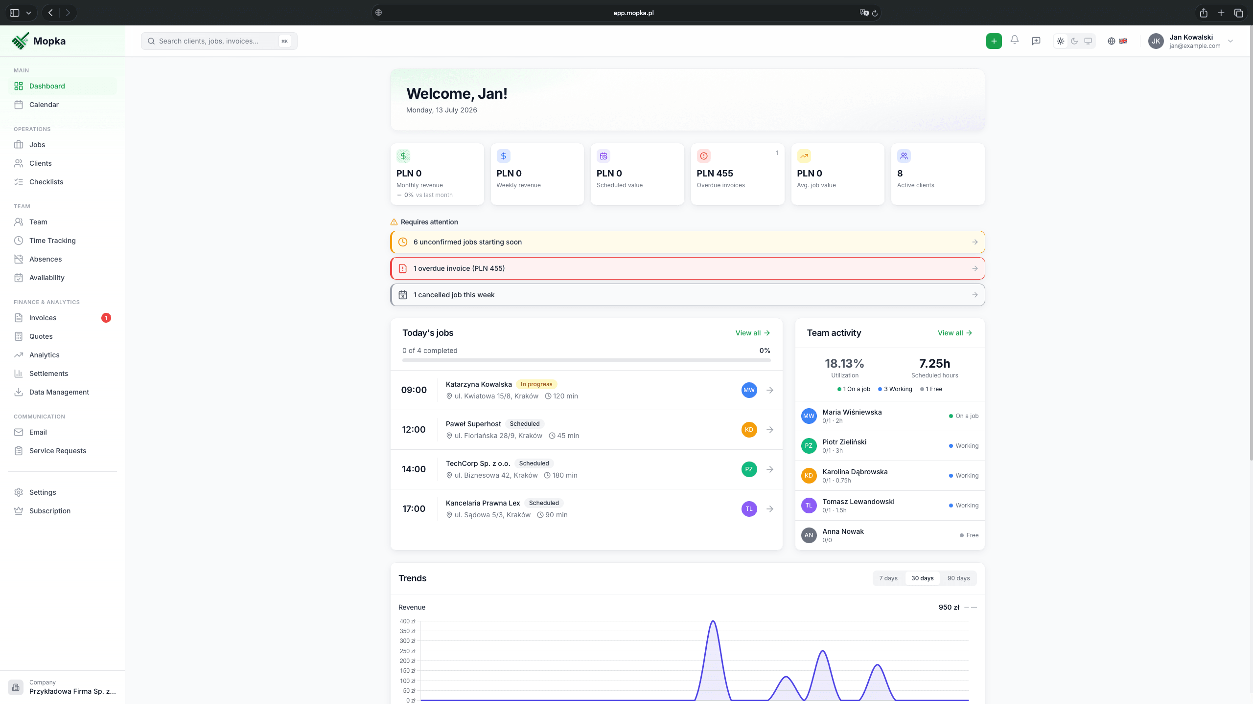 Mopka dashboard: overview of jobs, team, and finances