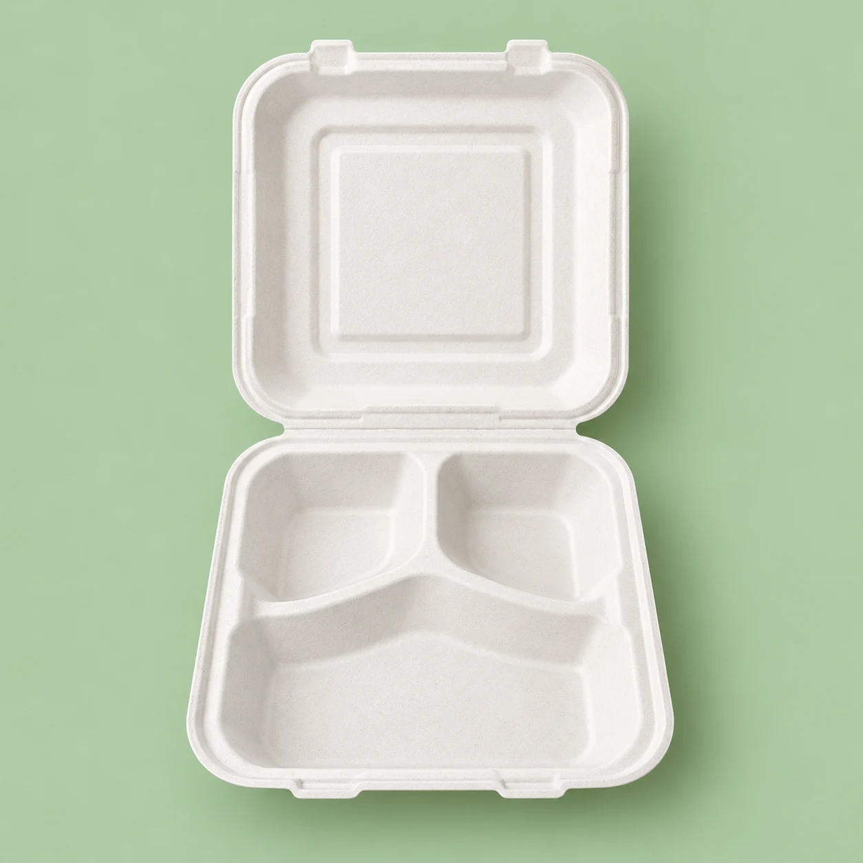 8x8 Three Compartment Bagasse Takeaway Clamshell Container