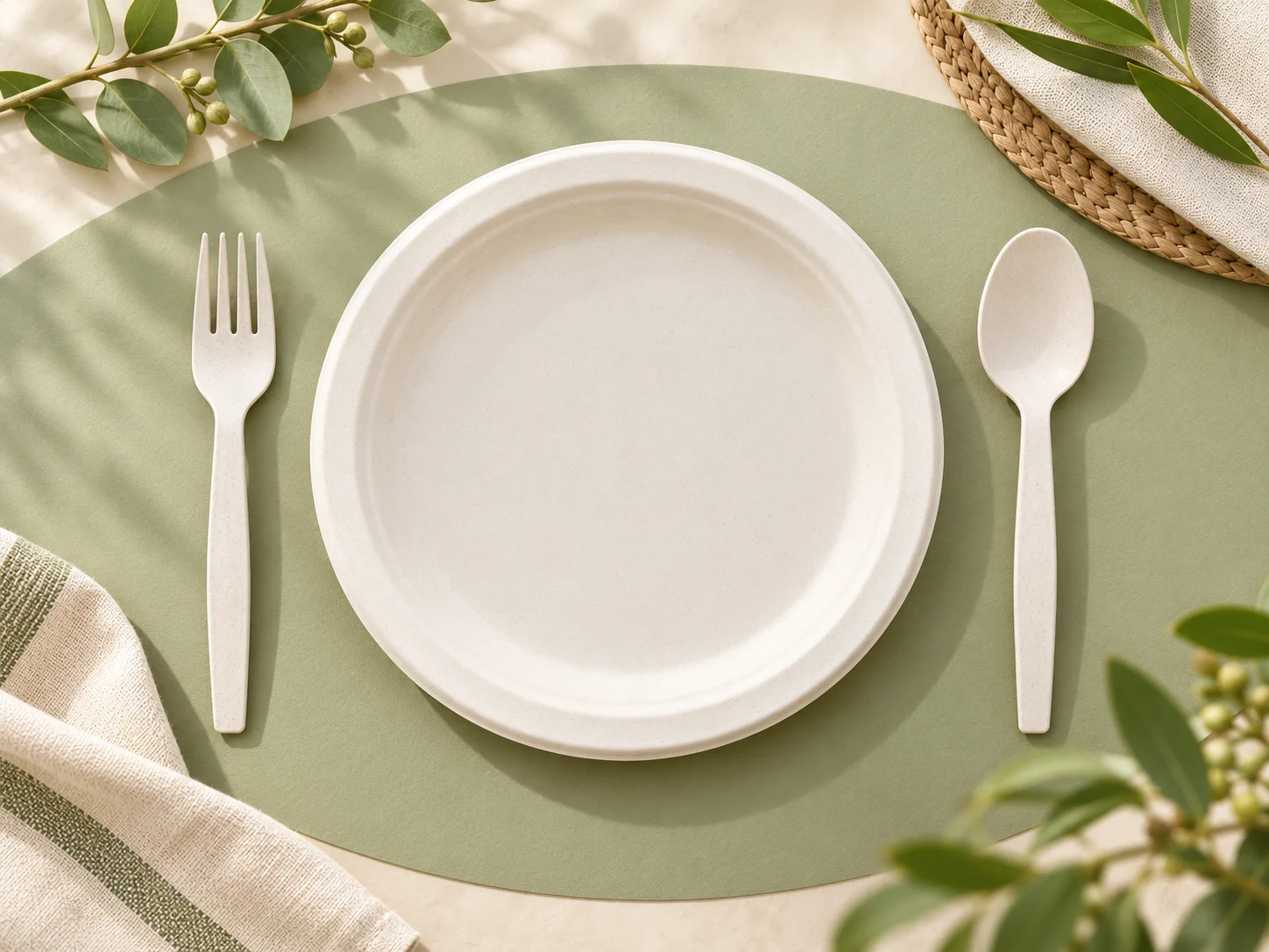 Round eco-friendly sugarcane bagasse plain plate with disposable cutlery