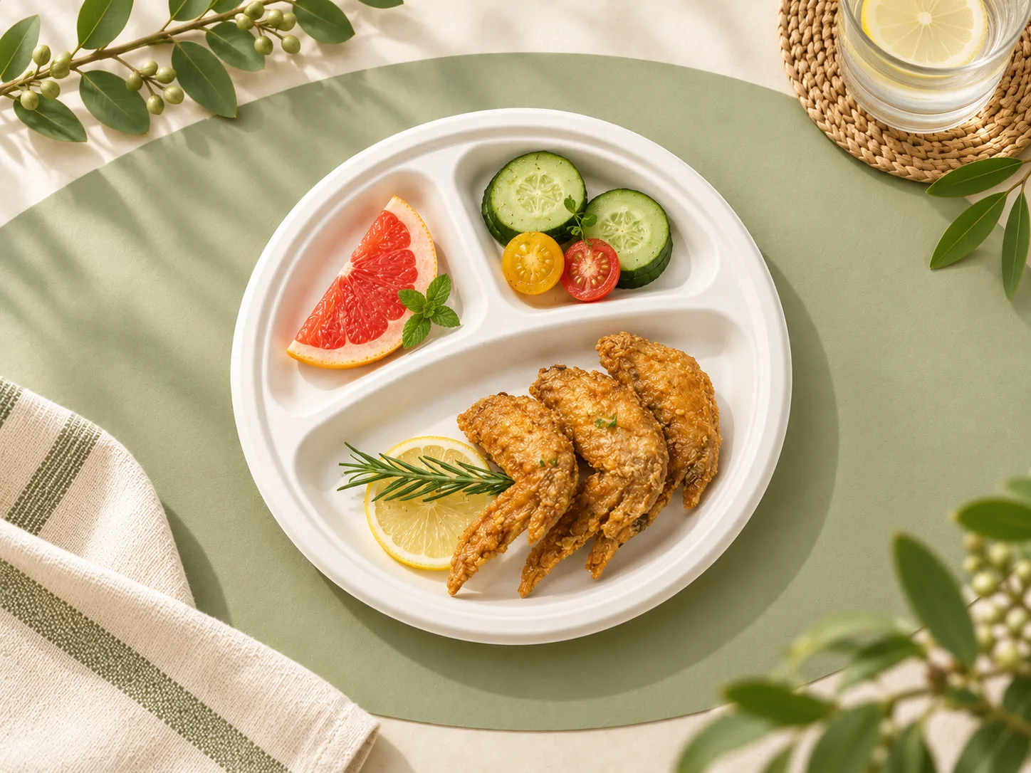 Eco-friendly round sugarcane bagasse compartment meal tray plate with food